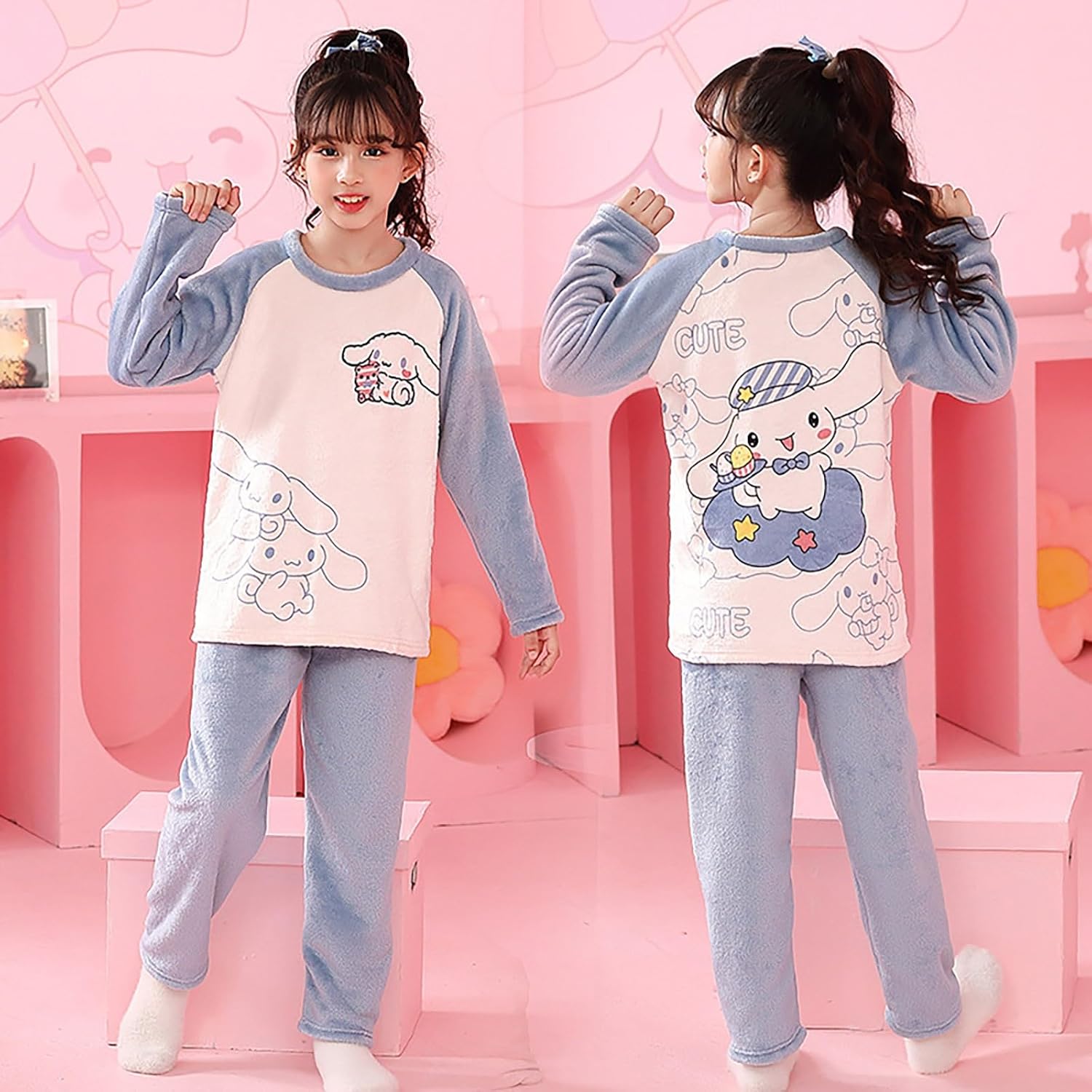 Cartoon Fleece Pajamas Set Petite Women Lounge Set Comfy Sleepwear Long Sleeve Top and Pants 2 Piece PJ Sets - Image 3