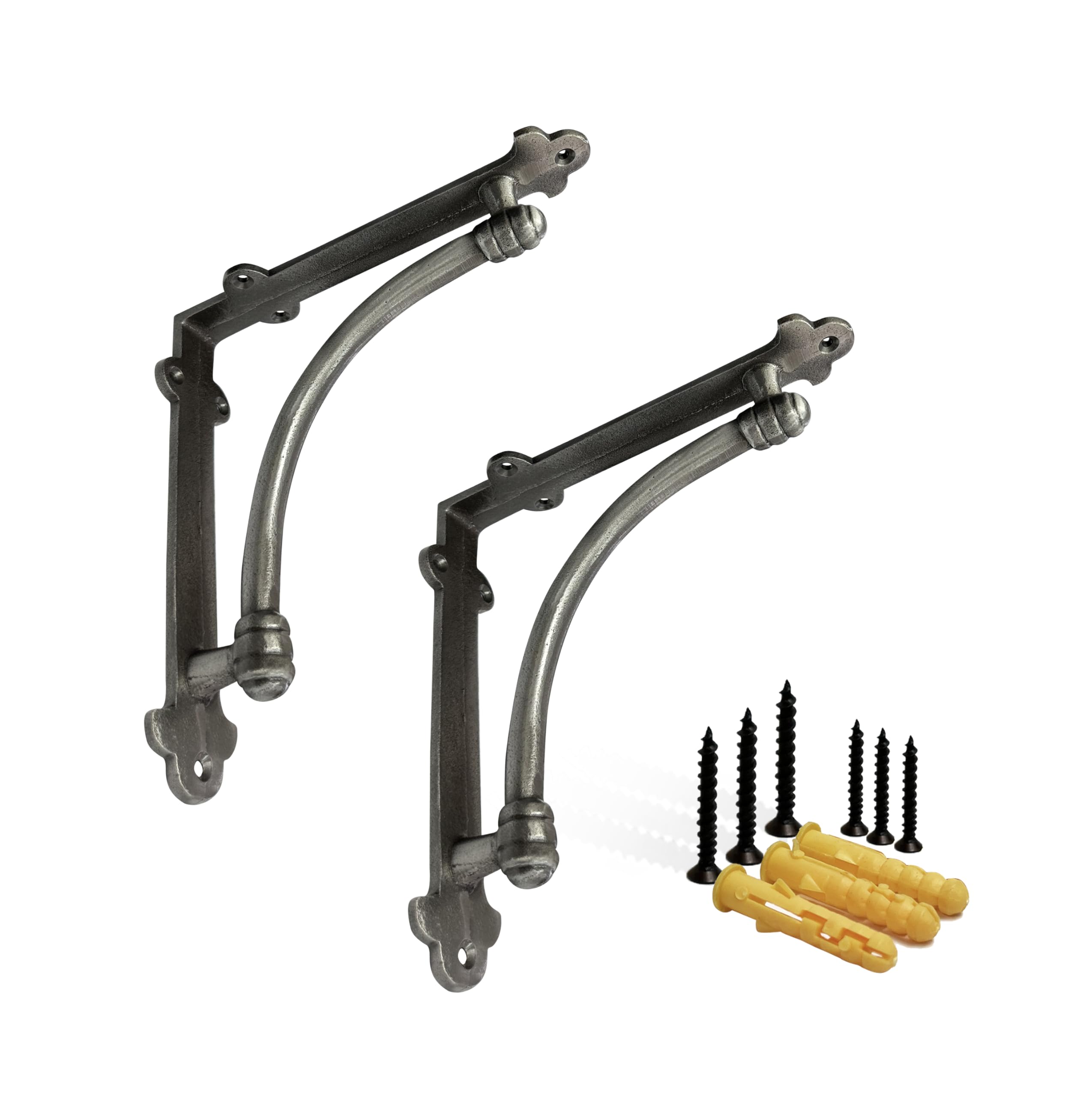 NACH Half Round Wall Mount Shelf Bracket, Decorative Brackets for Shelving, Heavy Duty Cast Iron, DIY Projects, Hardware Included, 2 Pack, Antique Metal Finish, 8.25x7.9x2.1 inch, JS-90-064AMM