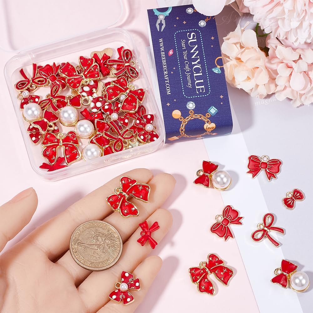 SUNNYCLUE 1 Box 48Pcs 8 Styles Bow Knot Charm Enamel Bow Charms Small Alloy Metal Red Cute Lolita Pearl Bowknot Charms for Jewelry Making Charms Diy Necklaces Bracelets Earrings Findings Gifts Women - Image 3