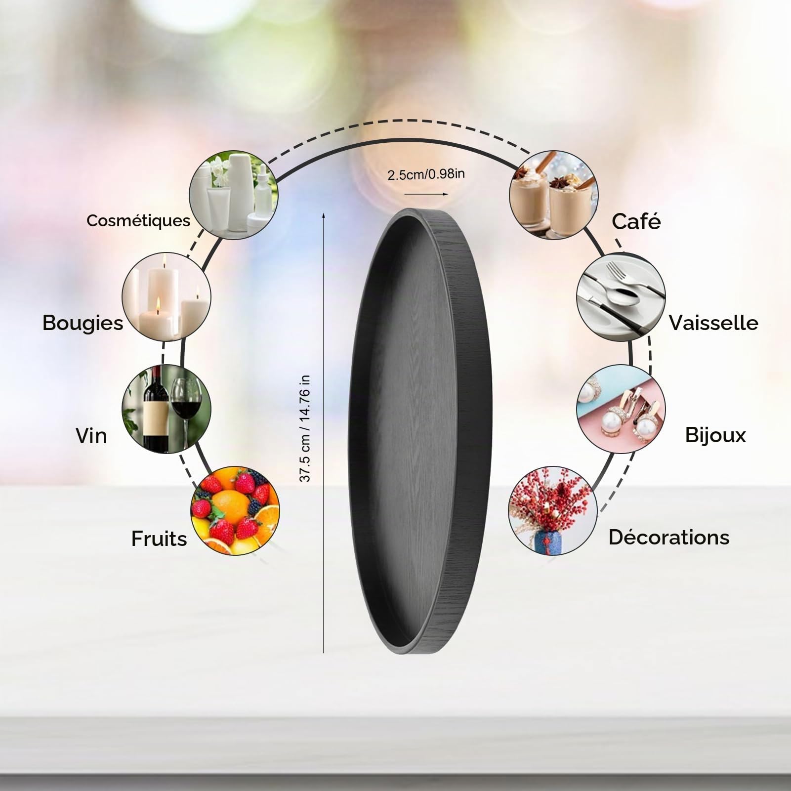 Plateau de Service Rond en Bois Massif, Noir, 37,5 cm, pour Thé, Café, Collations et Repas