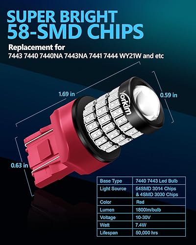 Miniatura 4 de Yorkim Bombilla LED ultra brillante 7440 roja T20 7441 7443 7444 W21W para luz de marcha atrás de respaldo, luz de ruptura, luz trasera, luz de