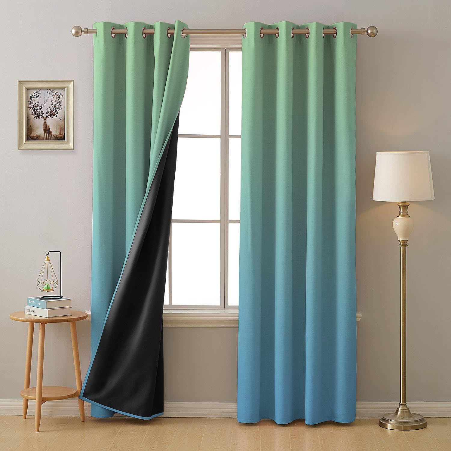 SPACES DRAPE STORY Ombre Design Heavy Satin Opaque Curtains With Blackout Lining - Set Of 2 | 95 To 98% Light Blocking | 7Ft Premium Door Curtain | Blue & Green