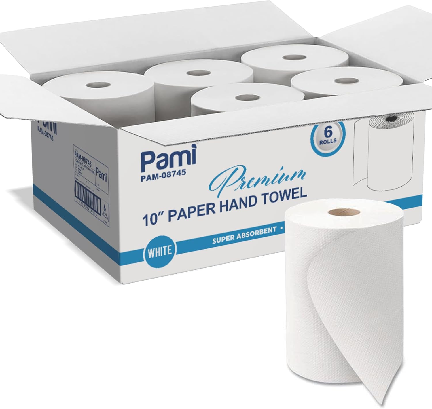 PAMI Premium Paper Towel Rolls for Commercial Dispensers, 10" High-Capacity Roll Towels, 800 Sheets per Roll, White TAD Through-Air-Dry, Fits Universal & Touchless Automatic Dispensers, 6 Rolls/Case
