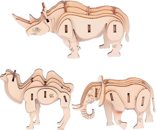 NUOBESTY Rompecabezas de animales 3D de madera, kit de construcción de modelos de animales, elefante, camello, rinoceronte, rompecabezas de