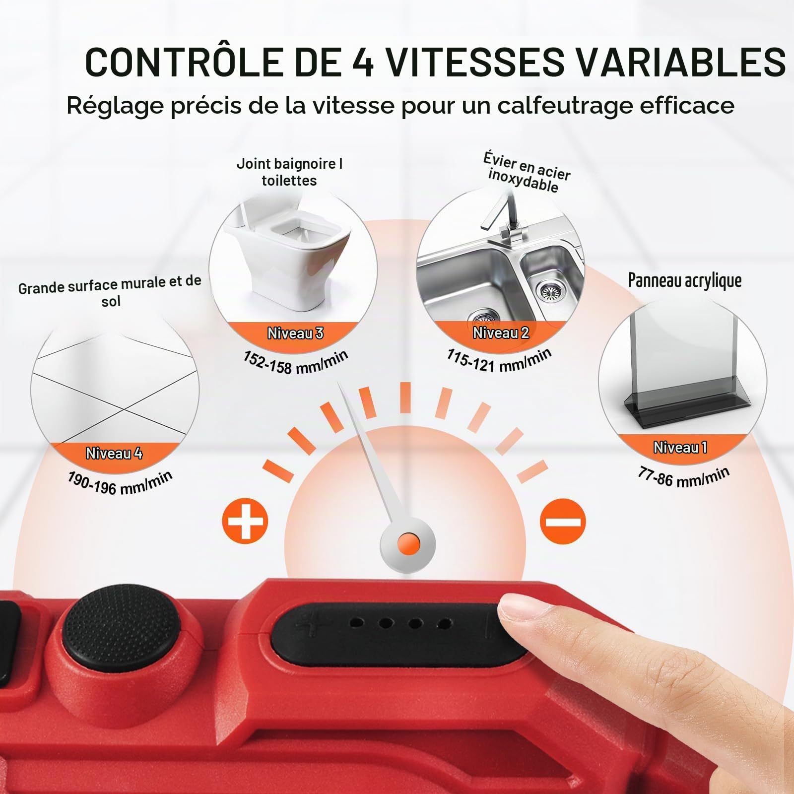 VEVOR Pistolet à Cartouche Électrique sans Fil 600 mL Pistolet à Mastic 20 V Pistolet à Calfeutrer à Batterie 2,0 Ah 4 Vitesses Réglables Anti-goutte Chargeur Rapide pour Calfeutrer, Remplir, Sceller