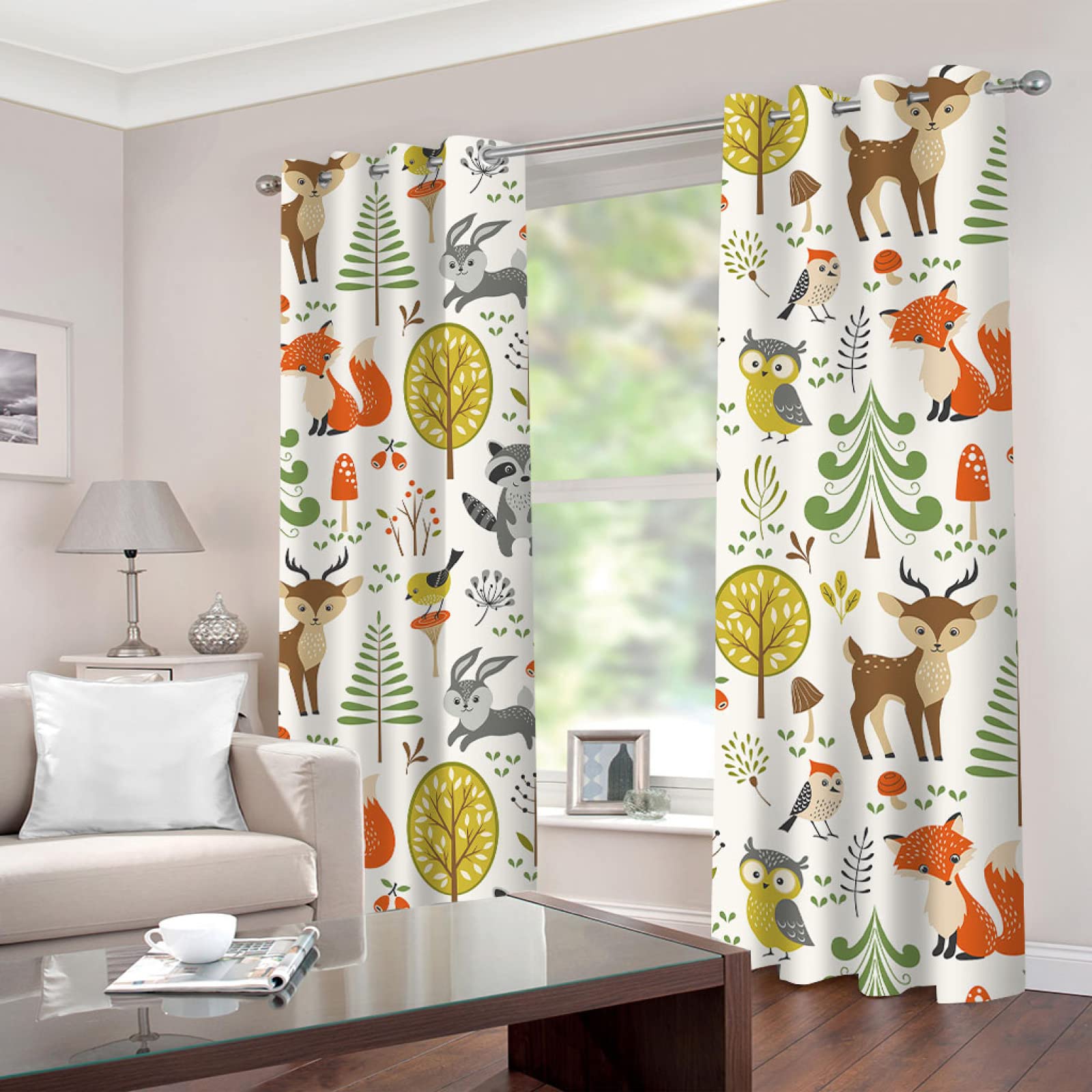 Rideaux Occultants Blancs Imprimés Animaux Forêt - Lot De 2 Panneaux 70x160 Cm - Isolants Thermiques Et Phoniques Avec Œillets 4 Cm Pour Salon Chambre