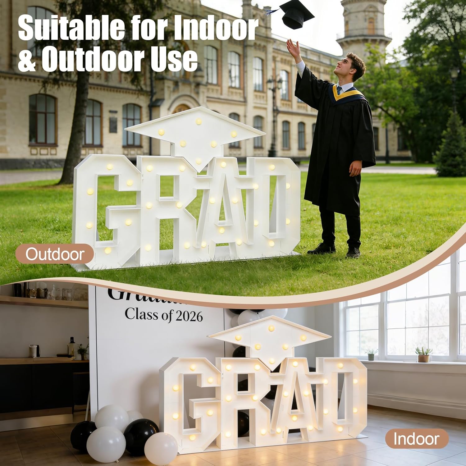 Graduation Decorations 2026 - 5.2FT Long Extra Large Marquee letters Light Up Letters "GRAD" Sign, Graduation Party Decor for Kindergarten High School College Celebration, Class of 2026 Backdrop Centerpiece - White