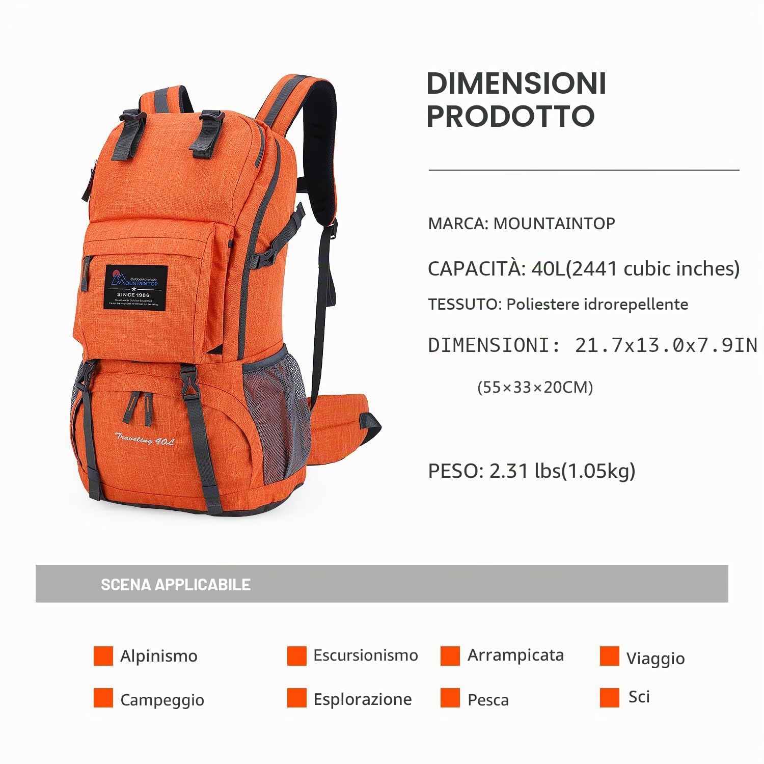 MOUNTAINTOP Zaino da Trekking 40 Litri Unisex Zaino Montagna Uomo Zaino Escursione Donna per Viaggio Hiking Escursione Campeggio con Copertura di Pioggia, 55 x 33 x 20 cm