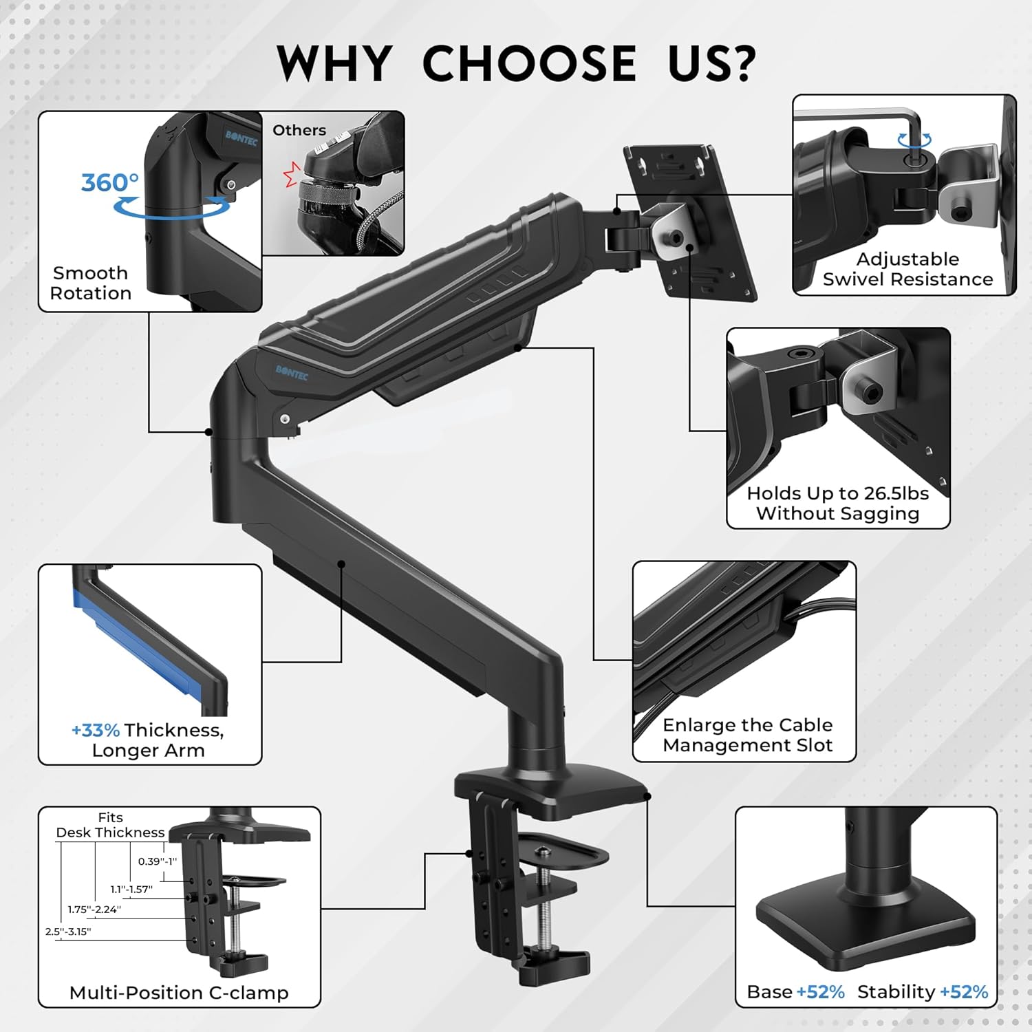 Image showing the integrated cable management system of the monitor arm, with cables neatly tucked away.