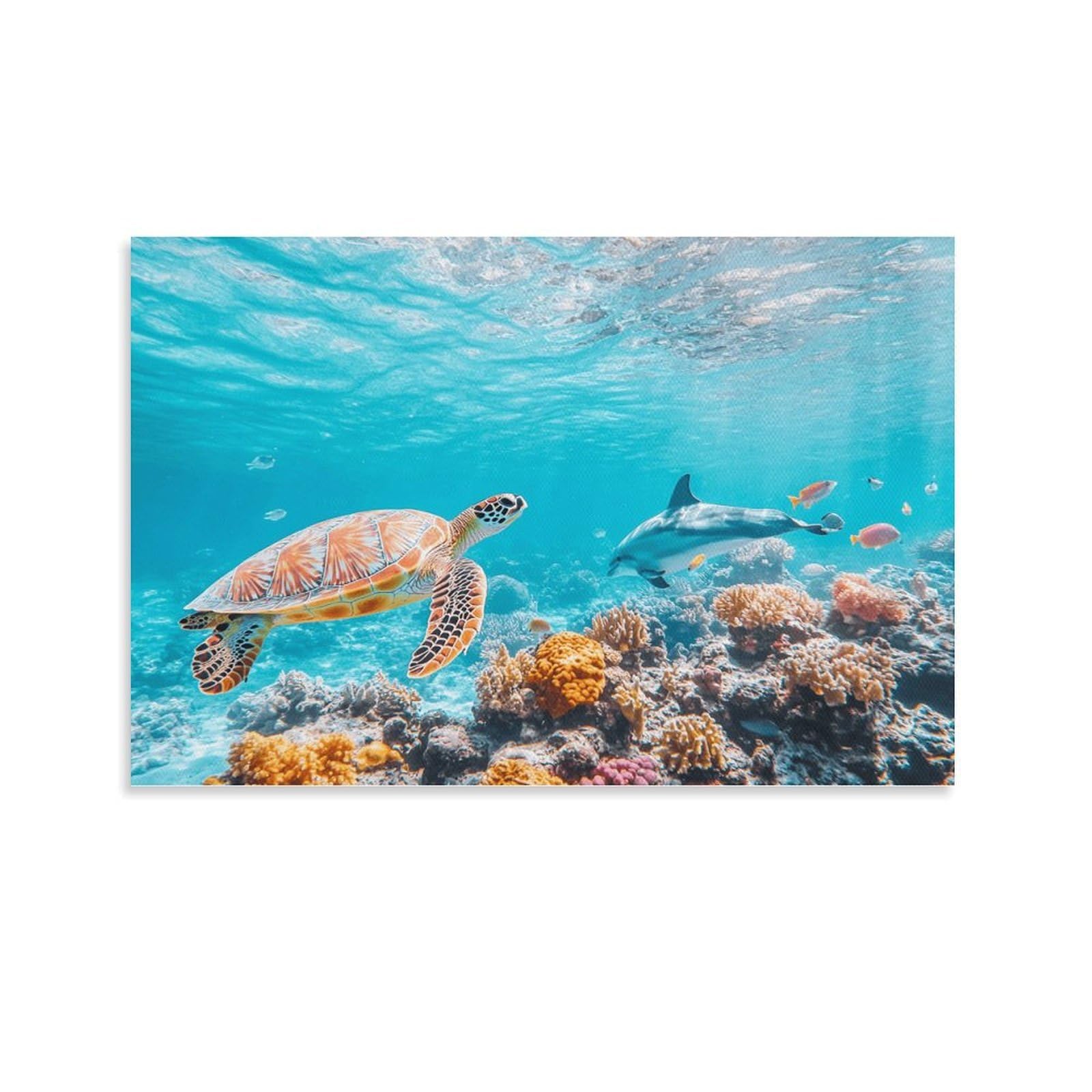 CPLVKWRQJ Sea Turtle Swimming Single Sea Turtle Swims near Dolphin And Coral Canvas Wall Decor - Kitchen Removable Wall Art Multi-Purpose Focal Point Decor 20x30inch(50x75cm)