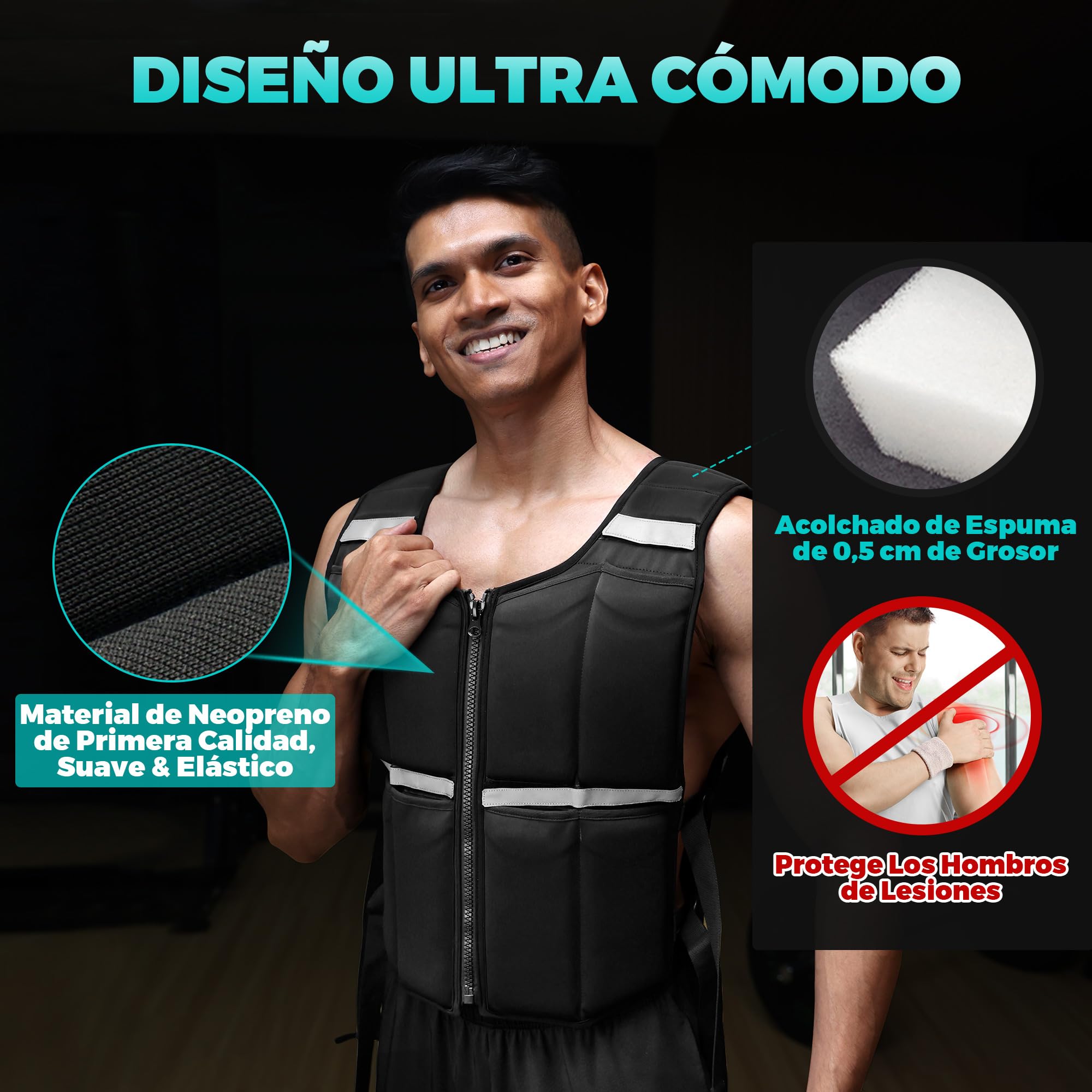 ONETWOFIT Chaleco Lastrado Ajustable 20 kg, Chaleco Peso Entrenamiento con 16 Pesas de Silicona, Chaleco Lastre con Cremallera, para Musculación y Entrenamiento de Fuerza,con bandas reflectantes
