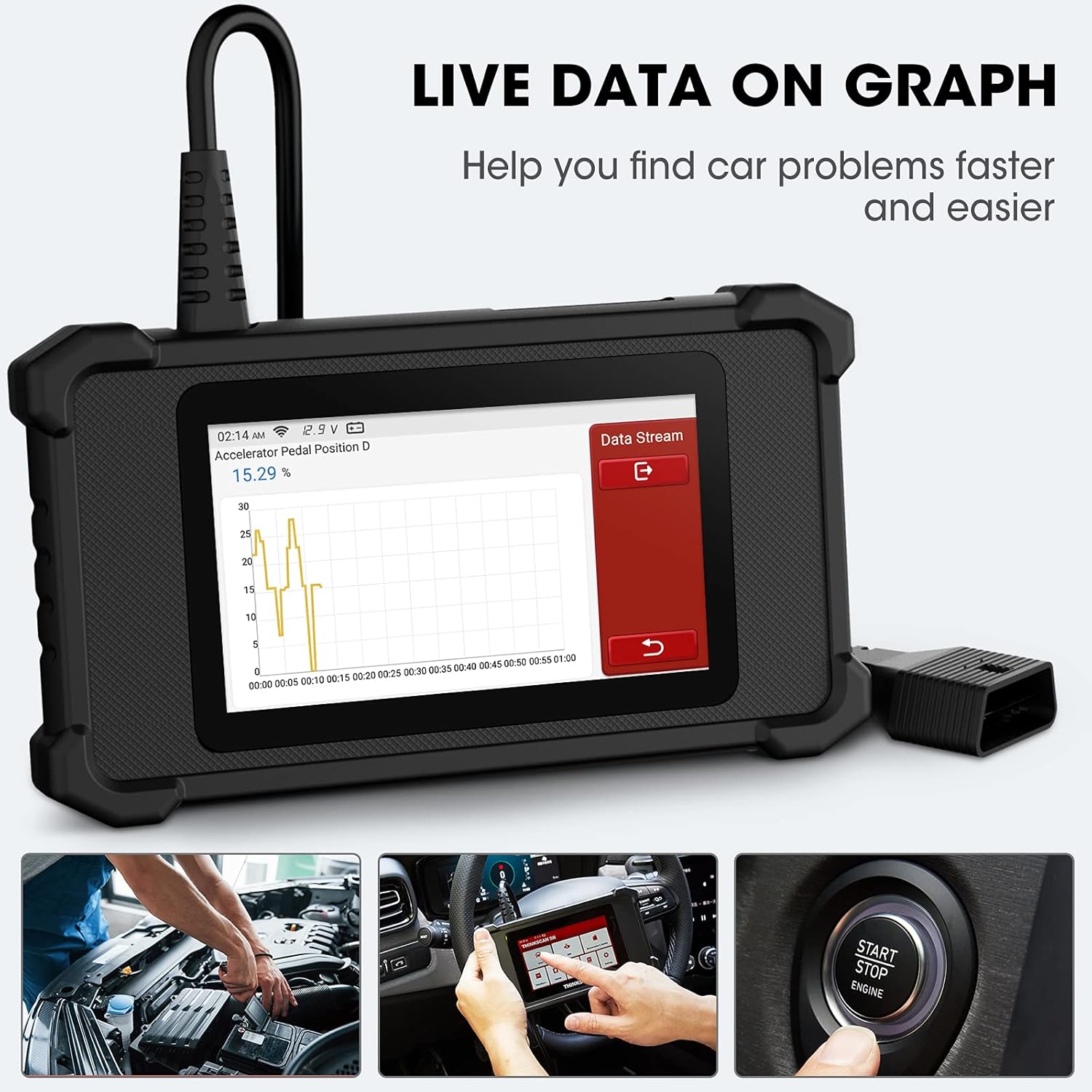 ThinkScan SR6 connected to a car's OBD2 port