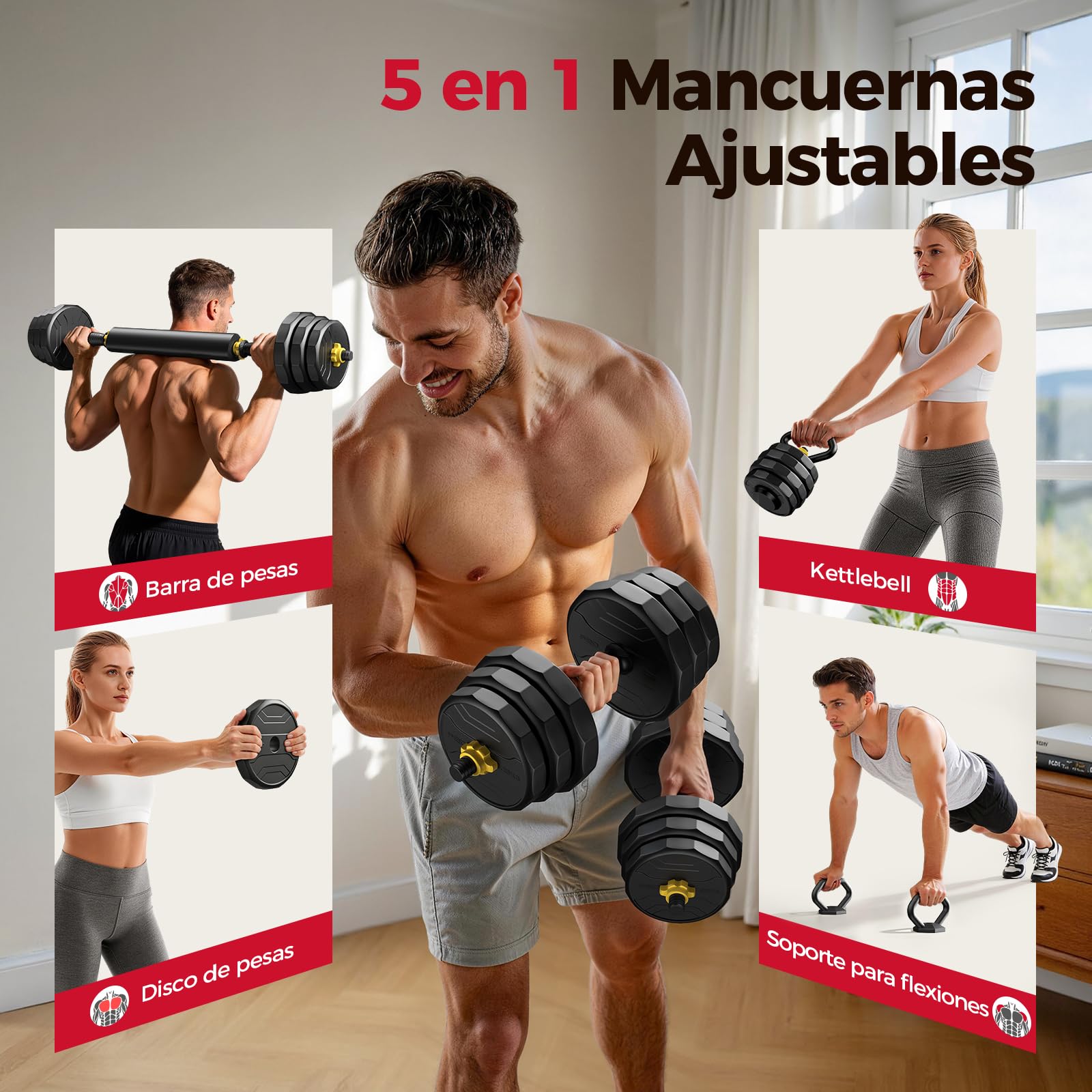 FEIERDUN 20/25/30/40KG Juego de Pesas y Mancuernas Ajustables, Kit Pesas 5 en 1 con Barra, Pesas Rusas y Soportes Para Flexiones, Equipo de Entrenamiento Progresivo para Toda la Familia