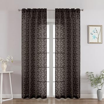 Chyhomenyc Chocolate Sheer Curtains 84 Inch Length 2 Panels Set, Light Filtering Tufted Textured Soft Airy Rod Pocket Gentle Leaf Window Treatment Drapes for Bedroom Living Room, 42" Wx84 L, 2PCS