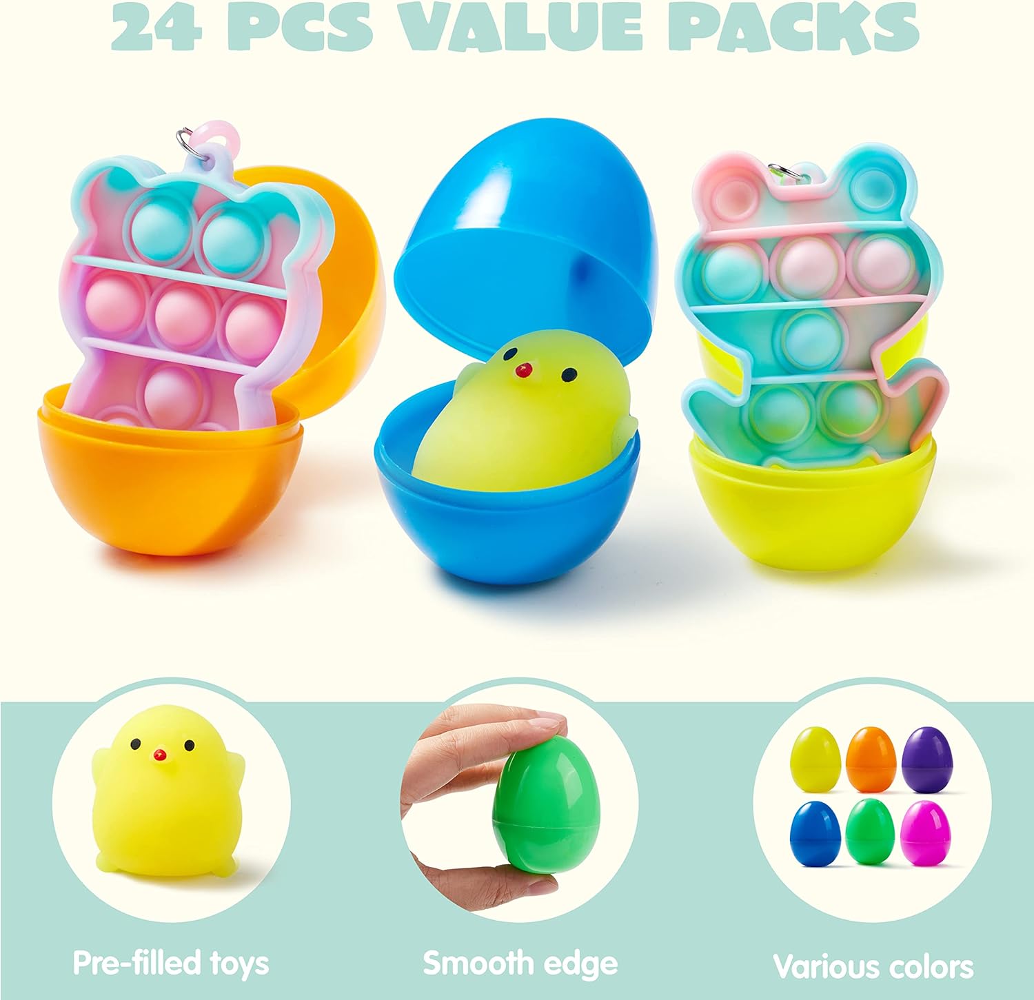 JOYIN 24 PCS Prefilled Easter Eggs with Assorted Toys,Filled with Mochi Squishy Toys and Pop Bubble Fidget Keychains,Stress Reliever Toys for Easter Basket Stuffers, Party Favors, Easter Egg Hunt - Image 3
