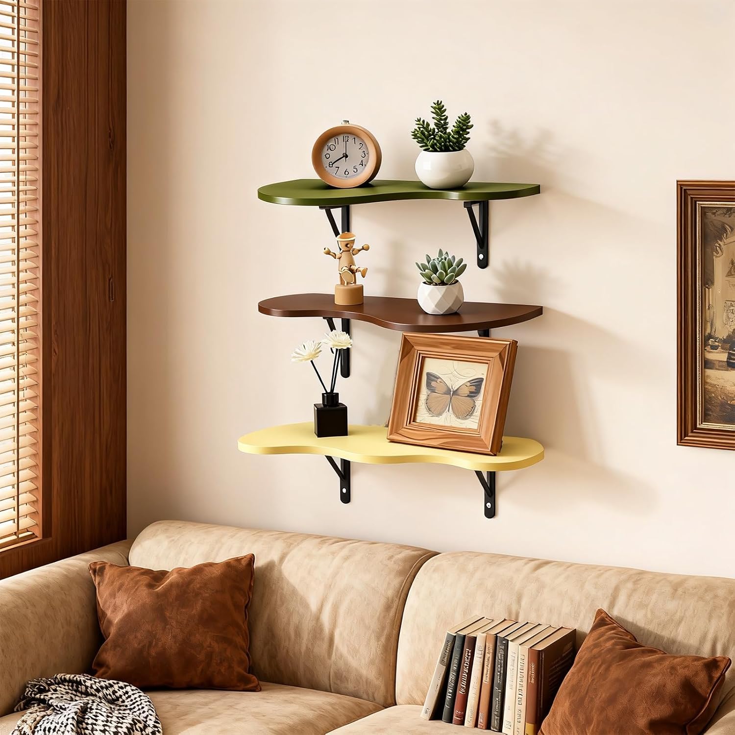3 Set Unique Mid Century Modern Floating Cloud Shelves,Wooden Wavy Shaped Wall Mount Live Edge Cloud Shelf,Modern Floating Shelves for Bedroom Living Room,Home Decor,Housewarming Gifts