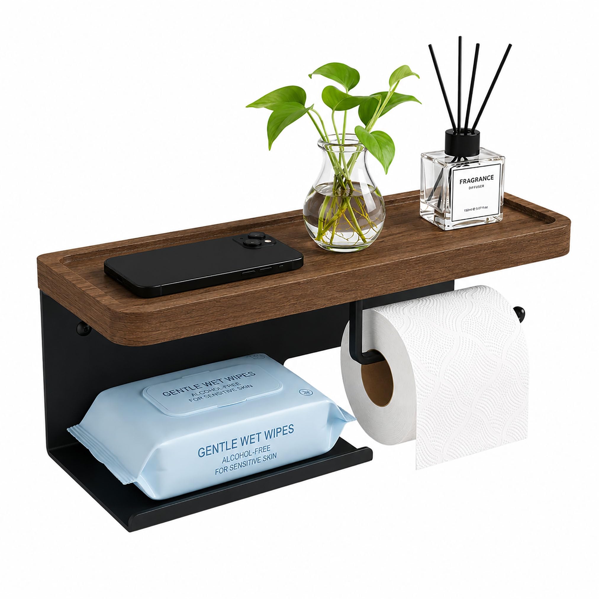 Toilet Paper Holder with Wide Walnut Shelf, Wall Mount Matte Black