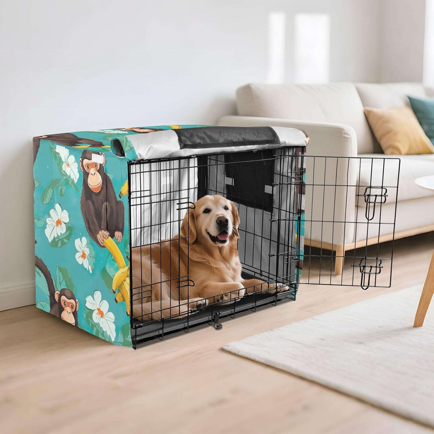 Funny Monkey Bananas Turquoise Dog Crate Covers Roll-up Side Panels, Pet Kennel Cover with Mesh Windows, X-Large