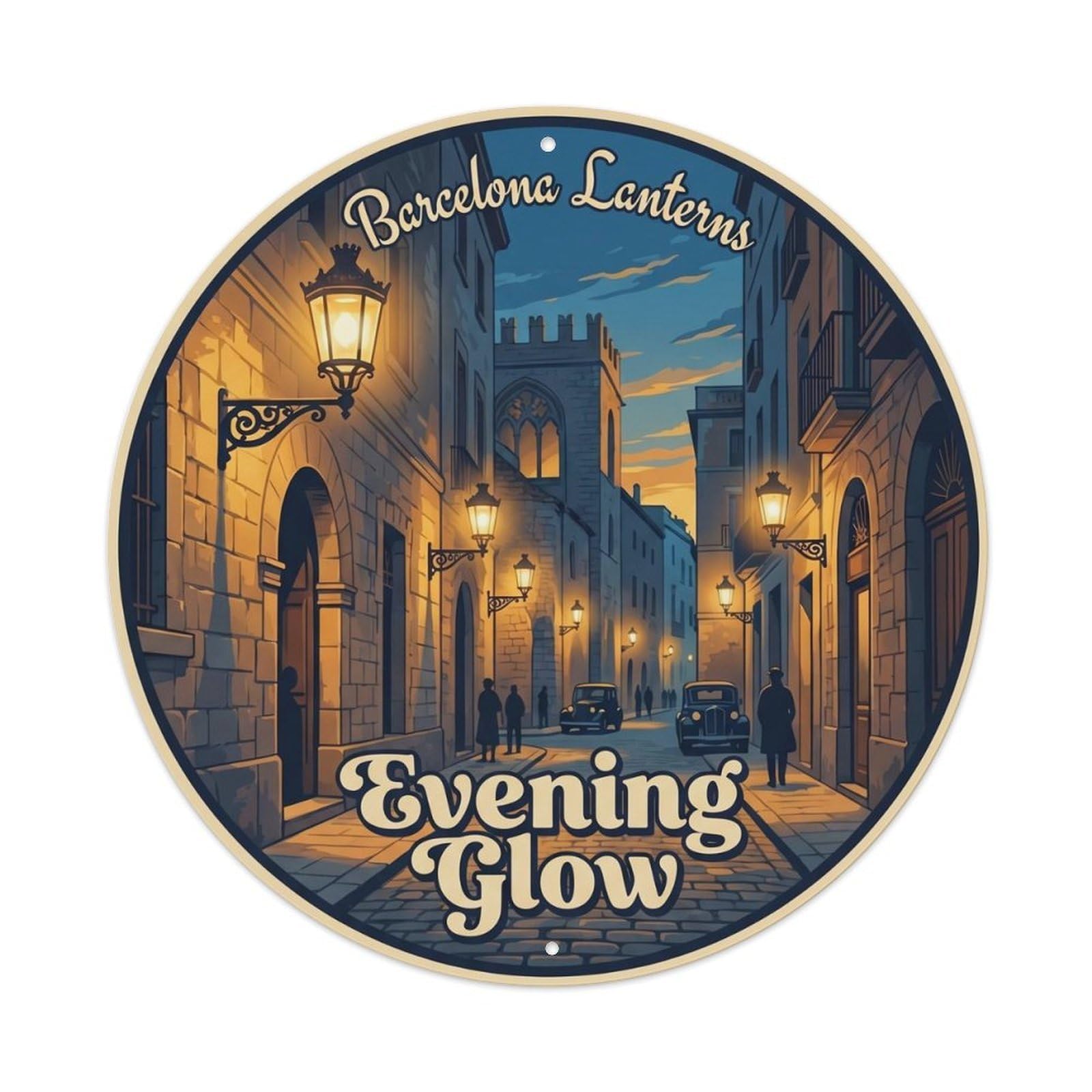 Vintage Travel Barcelona Lantern Catalan Evening Metal Tin Sign Plaque Wall Decor for Cafe, Club, Garden Round Metal Poster 8x8Inch