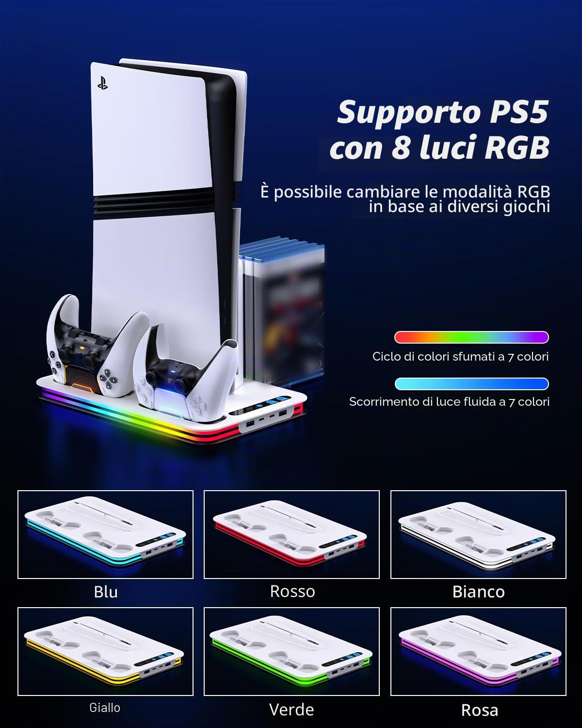 Supporto per PS5/PS5 Slim/PS5 Pro, P5 Verticale Supporto di Raffreddamento con 3 Livelli di Velocità e 8 Luci RGB P5 supporto Verticale con Caricatore Controller PS5, 6 Slot per Giochi