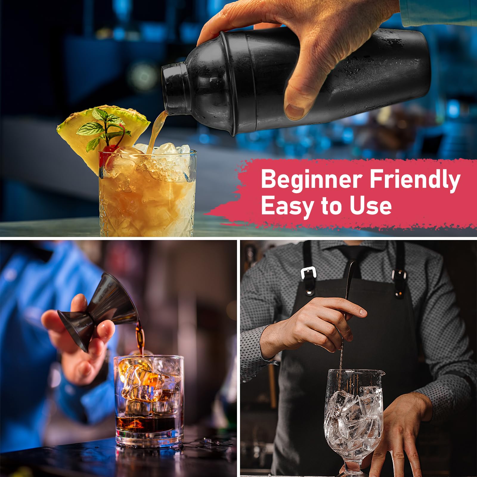 Coctelera de 25 onzas con colador integrado para camarero, mezclador profesional de margaritas de acero inoxidable 18/8 para bebidas mixtas (negro)