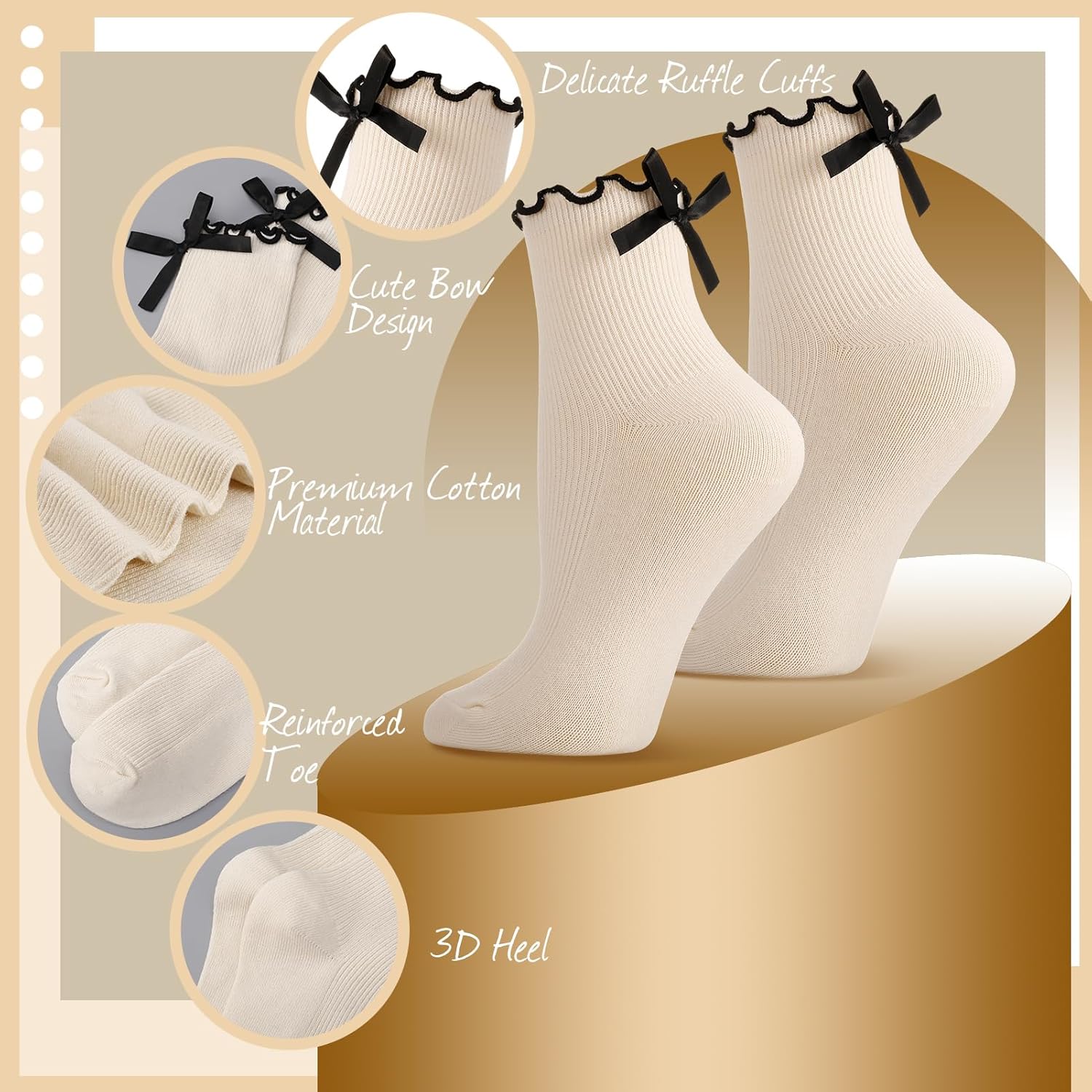 6 Pairs Womens Bow Socks Ruffle Casual Crew Socks Cute Black White Soft Breathable Cotton Frilly Ankle Socks - Image 3