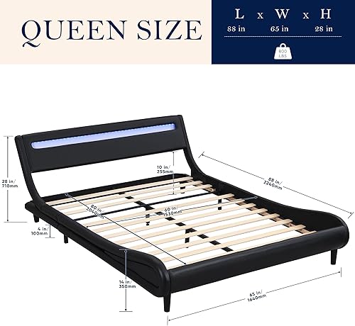 Miniatura 2 de Base de cama de plataforma tapizada moderna tamaño Queen con cabecero de luces LED, marco de cama de piel sintética con forma de ondas, aporta una
