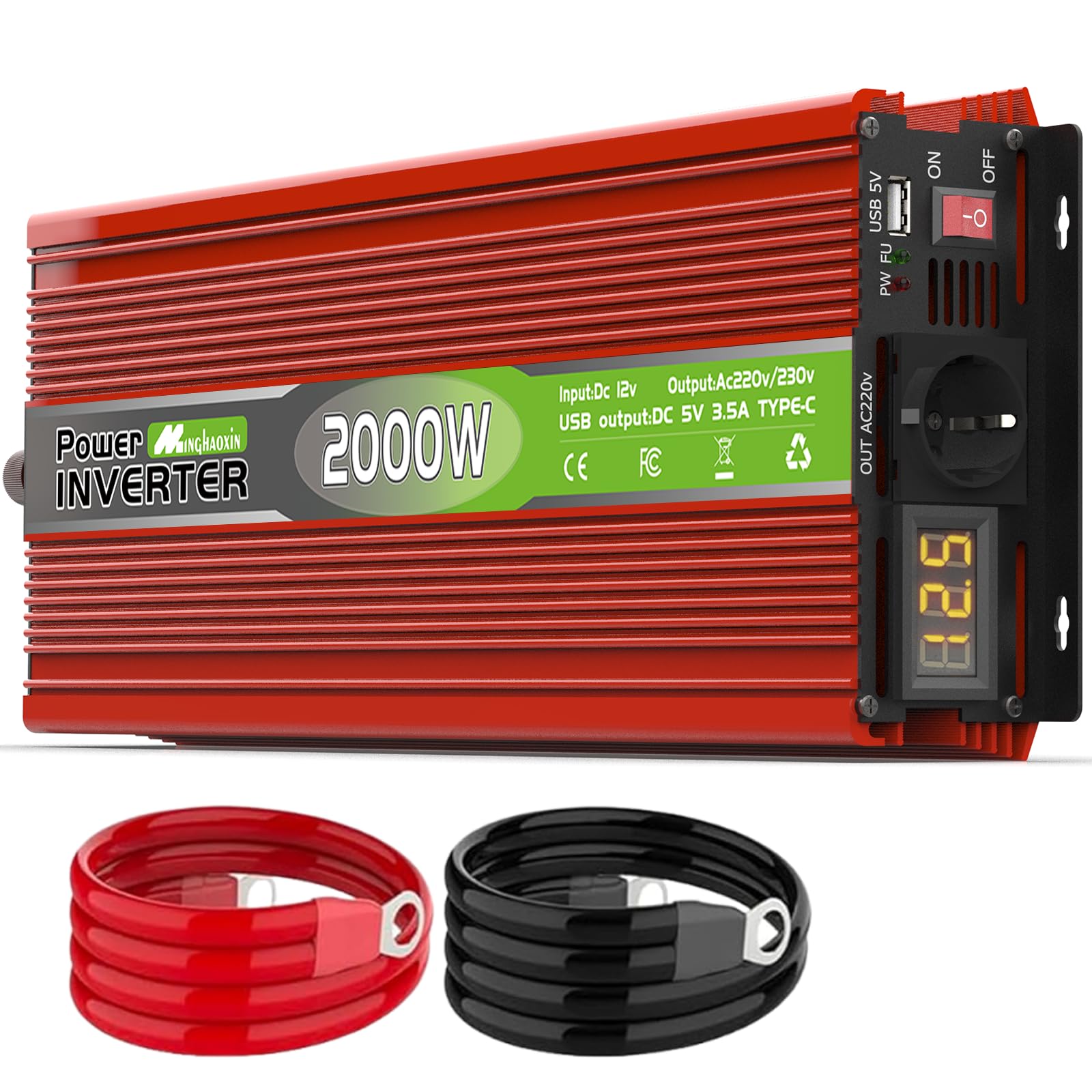 2000W Wechselrichter 12V auf 230V Spannungswandler Konverter Power Inverter Spitzenleistung 4000W mit EU Steckdosen, USB/Type-C und LED Anzeige, Umwandler für LKW Camping Haushaltsgeräten