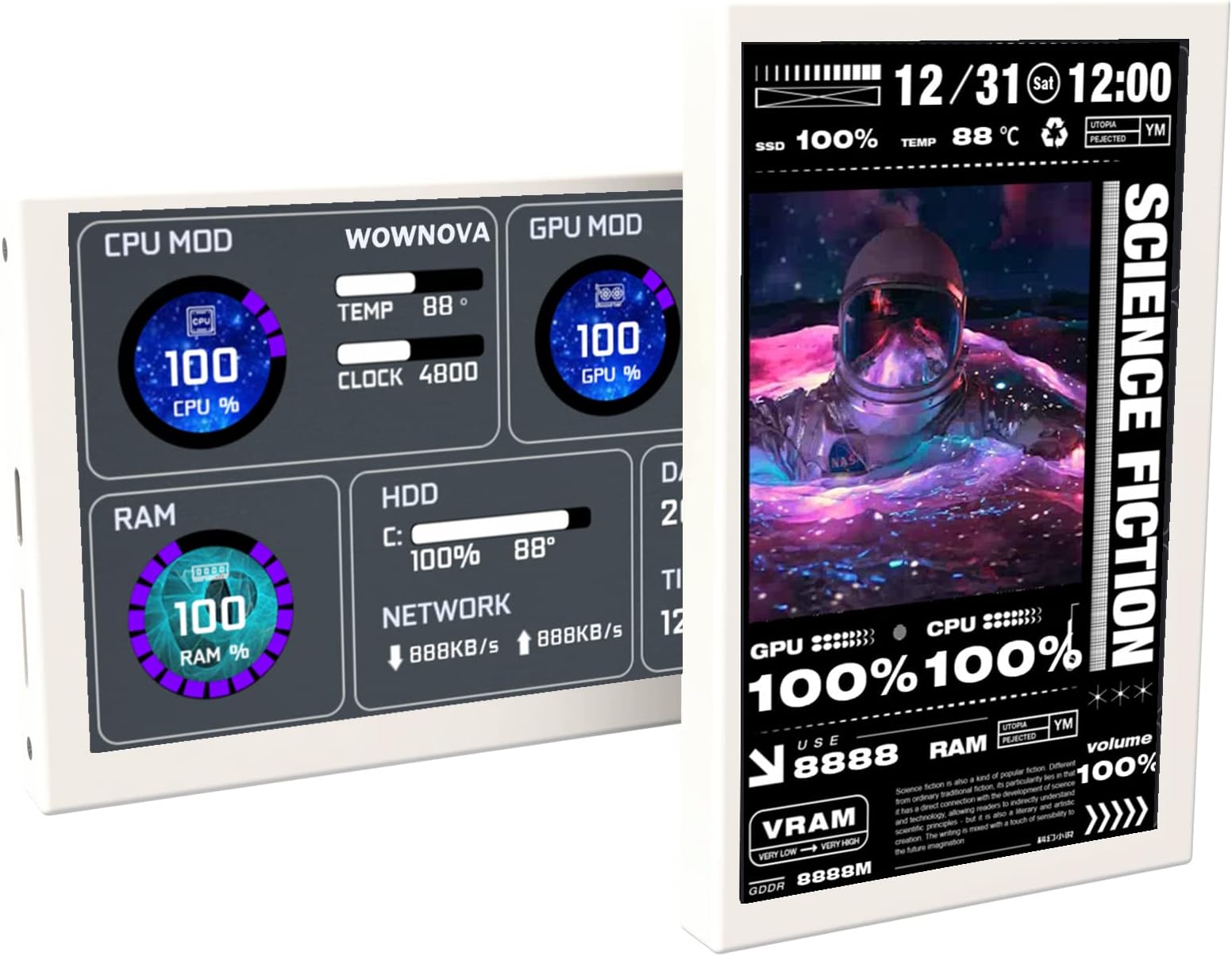 WOWNOVA 5" Computer Temp Monitor, Dynamic Theme Supported, ARGB PC Case Sensor Panel, IPS Type-C USB Mini Secondary Screen, CPU RAM HDD Data Monitor (White)