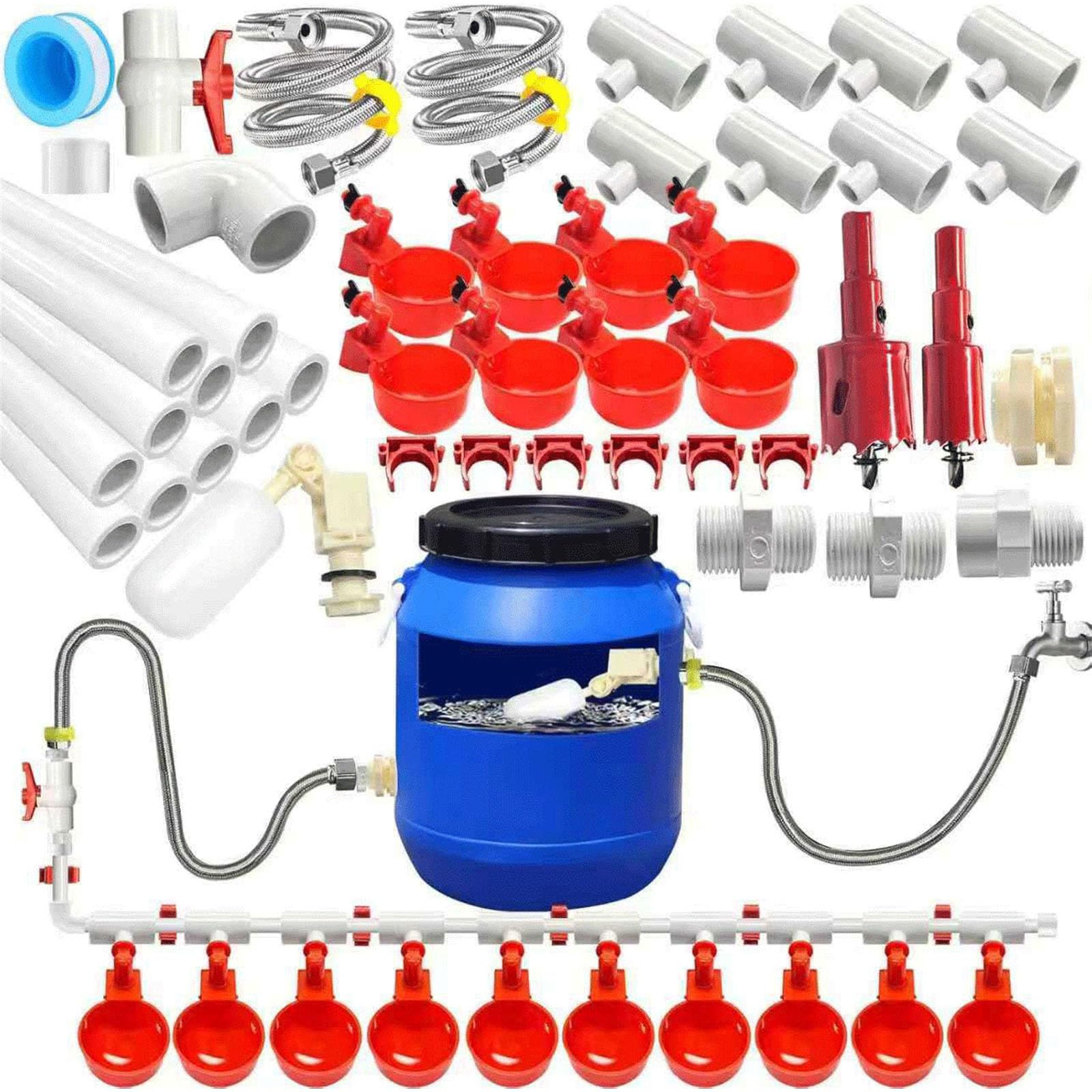 Set completo di attrezzature per l'irrigazione del pollame Alimentatore automatico della tazza del tubo del PVC 58PCS secchio Design Farm Pollame abbeveratoio