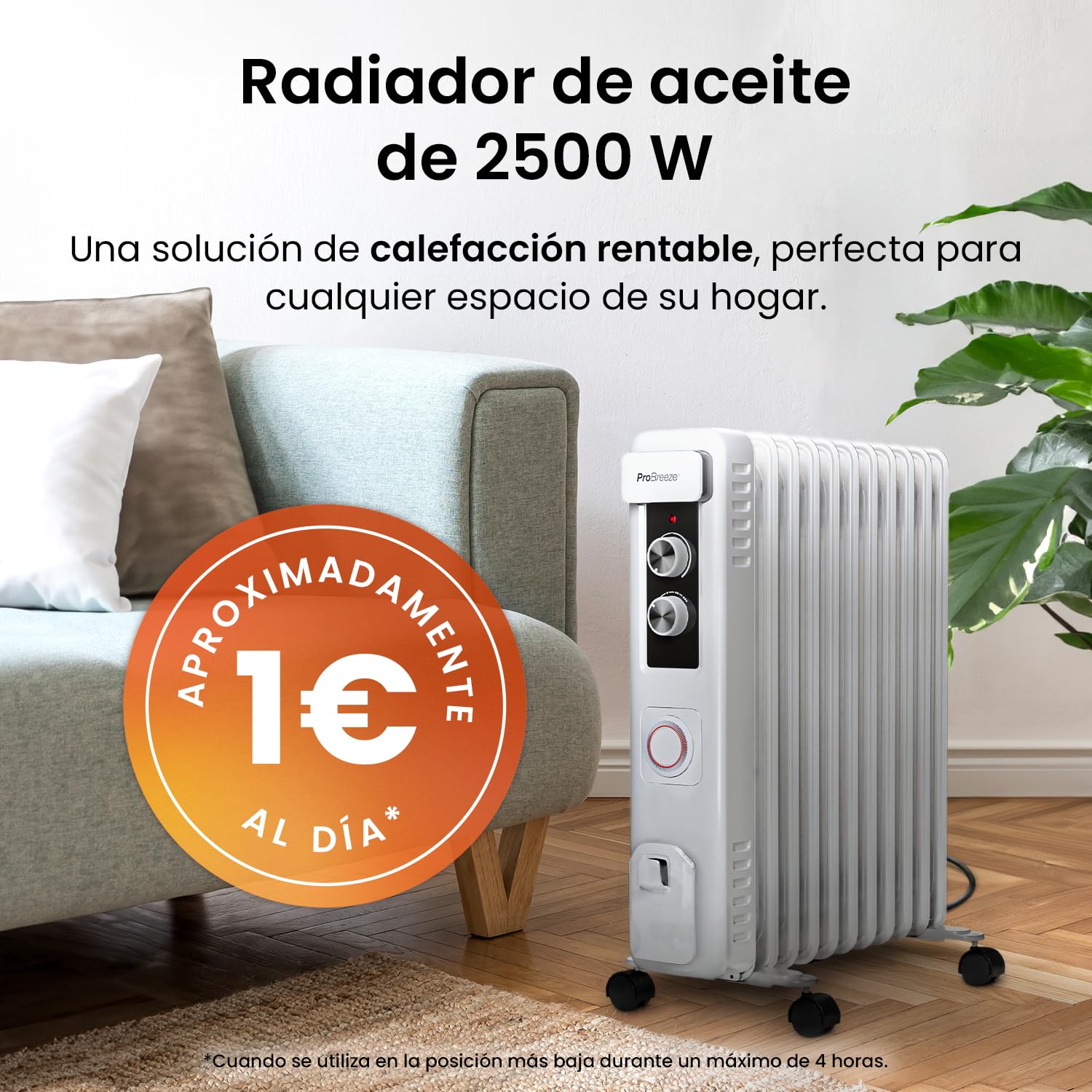 Pro Breeze Radiador Electrico Bajo Consumo de Aceite. Temporizador, 3 Modos de Calor 2000W, 1200W y 800W. Opción Termostato. Sistema seguridad Apagado Automático - Radiador Aceite