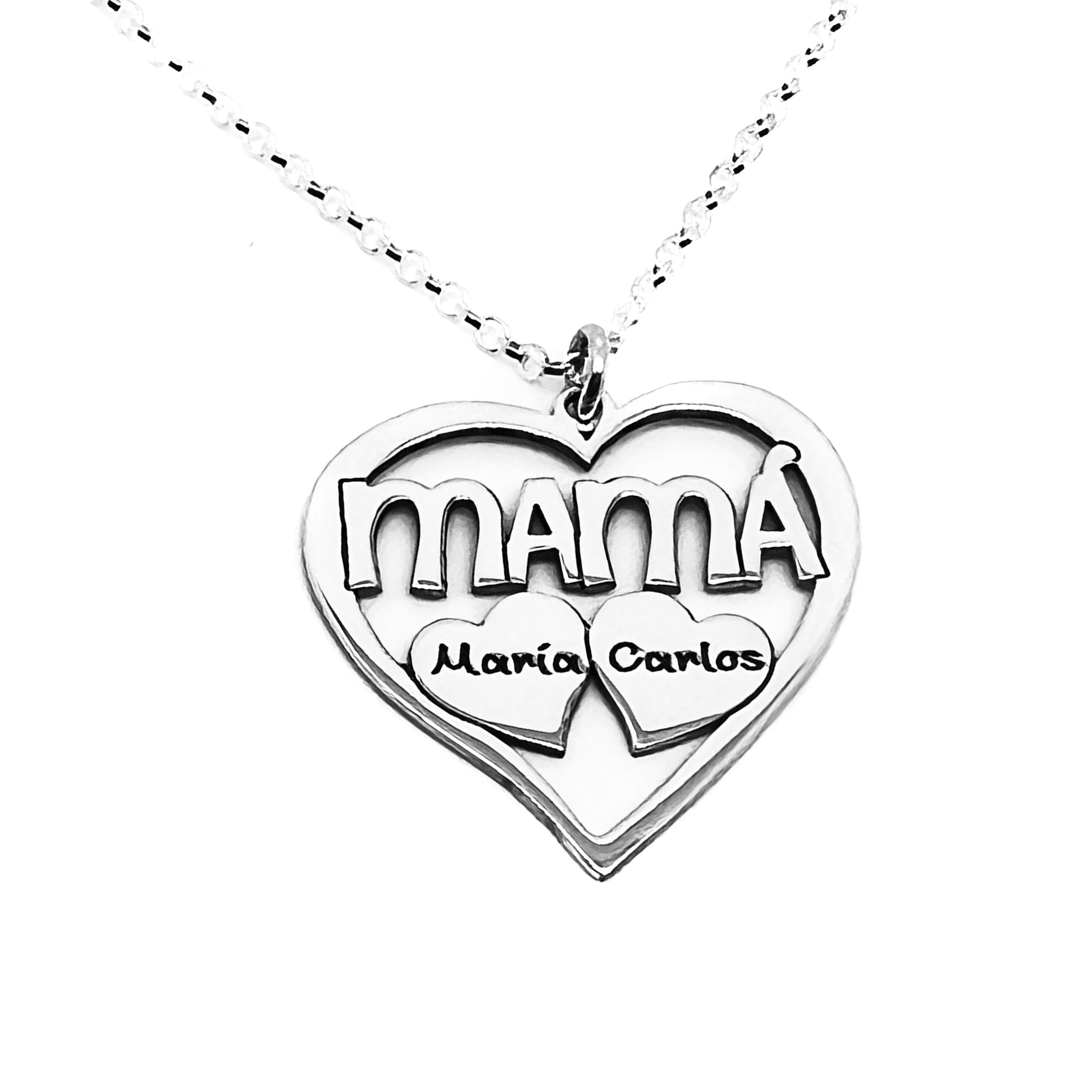 Collar Corazón para Mujer Personalizado con Nombres-Fabricado es Plata 925/1000-Regalo para Madre y Abuelas-Rincon del Artesano Malaga. Medida 25mm.