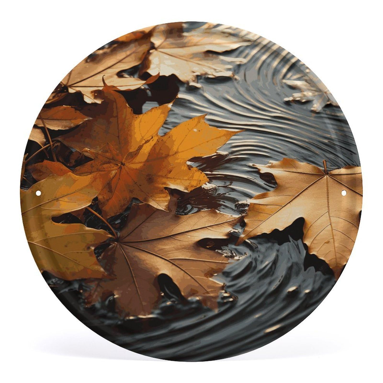 Fodpand Style Fall Leaves Round Wall Art Hanging Decorations, Wall Decor Modern Minimalist Artwork, Tin Sign Hanging Picture For Living Room, Bedroom, Office, Hallway, 11.8X11.8 Inch