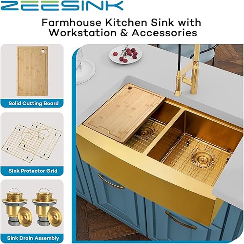 Miniatura 7 de Fregadero de cocina con delantal frontal de 33 x 20 pulgadas, fregadero de cocina dorado con doble tazón, fregadero de estación de trabajo de acero