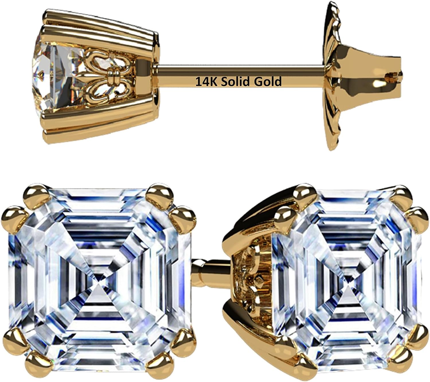 NANA Jewels Asscher Cut 14K Solid Gold Posts & Sterling Silver Simulated Diamond Stud Earrings 0.75 to 4.00ctw CZ