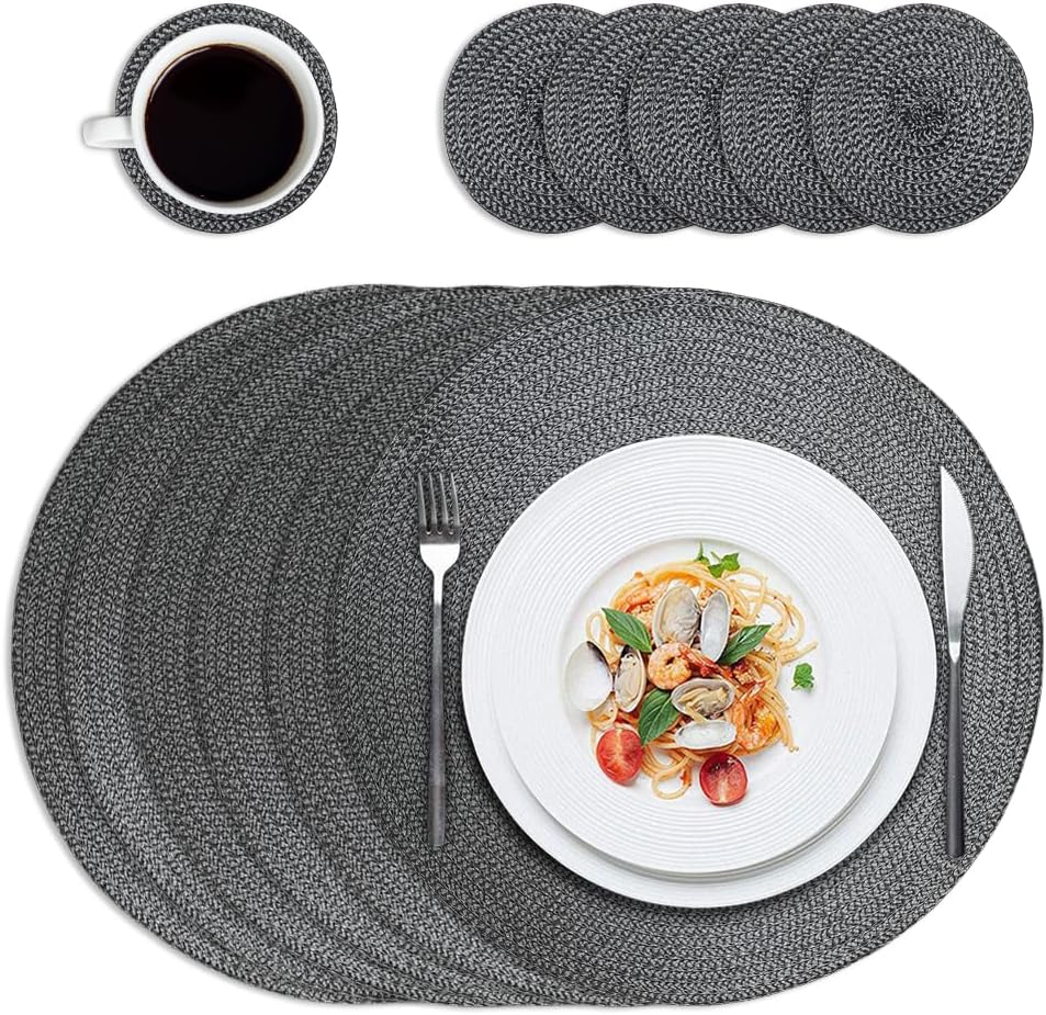 Round Placemats and Coasters Set of 6 Braided Woven Table Place Mats 38cm Washable Heat