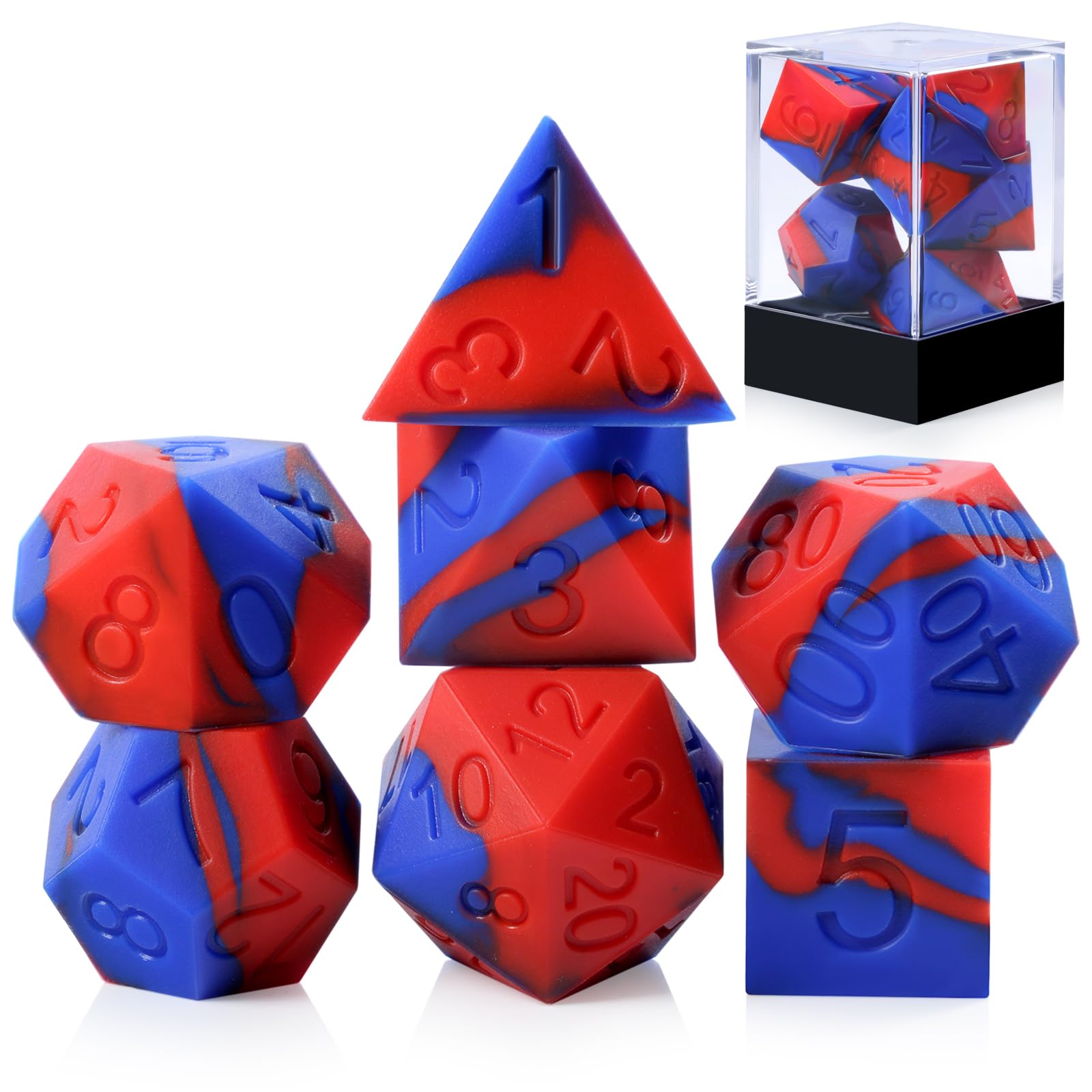 Silicone DND Dice, DNDND 7PCS Silicone Rubber D&D Dice Set with Clear Plastic Display Case for DND Role Playing Games and Tabletop GamesRed Blue