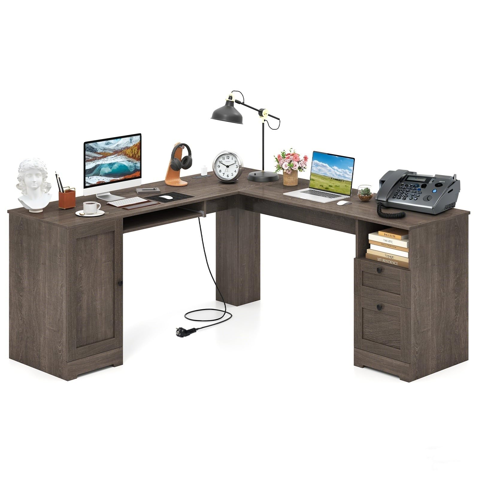 Bureau d'angle en L avec station de charge pour ranger vos câbles