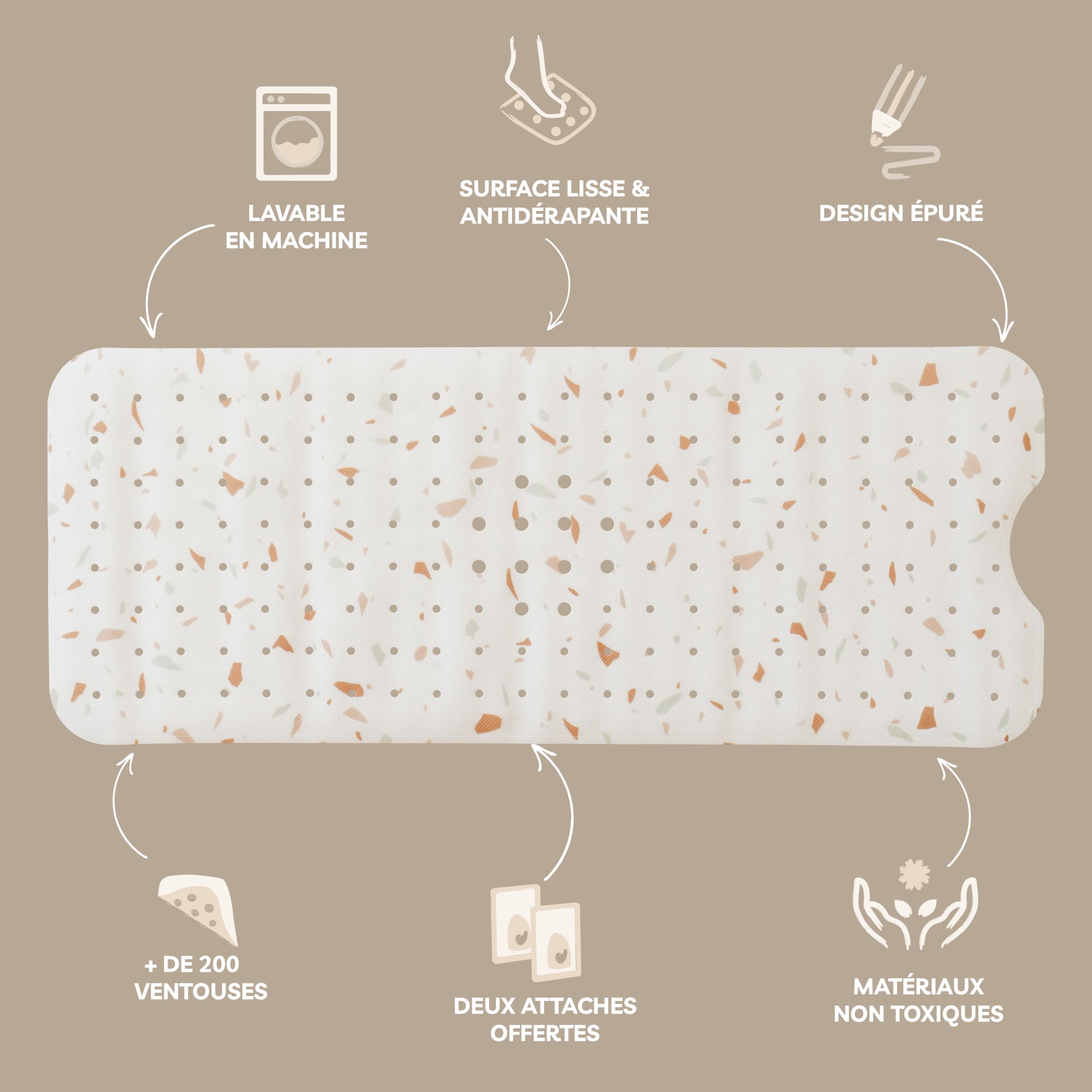 Tapis de Baignoire Bébé Antidérapant - Grande Taille 100cmx40 cm - Motif Terrazzo - sans BPA, Lavable en Machine, Anti-moisissure, avec Ventouses - Tapis Confort & Sécurité pour Baignoire