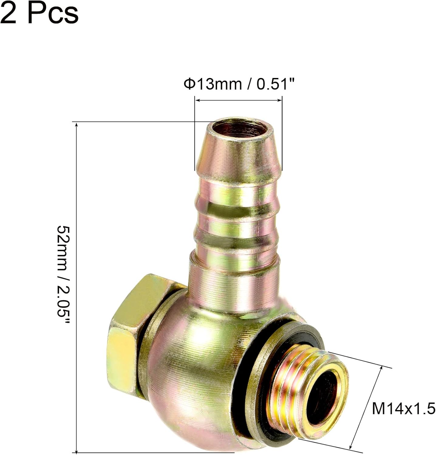 PATIKIL Hose Barb Fitting Elbow 13mm Barbed M14x1.5 Male Thread, 2 Pack Carbon Steel Pipe Adapters Connectors for Air Water Fuel Oil, Gold