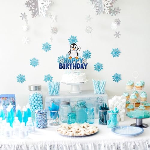 Miniatura 3 de Decoración de pastel de pingüino de feliz cumpleaños, purpurina azul, animales de invierno, pingüino, copo de nieve, decoración de tartas,