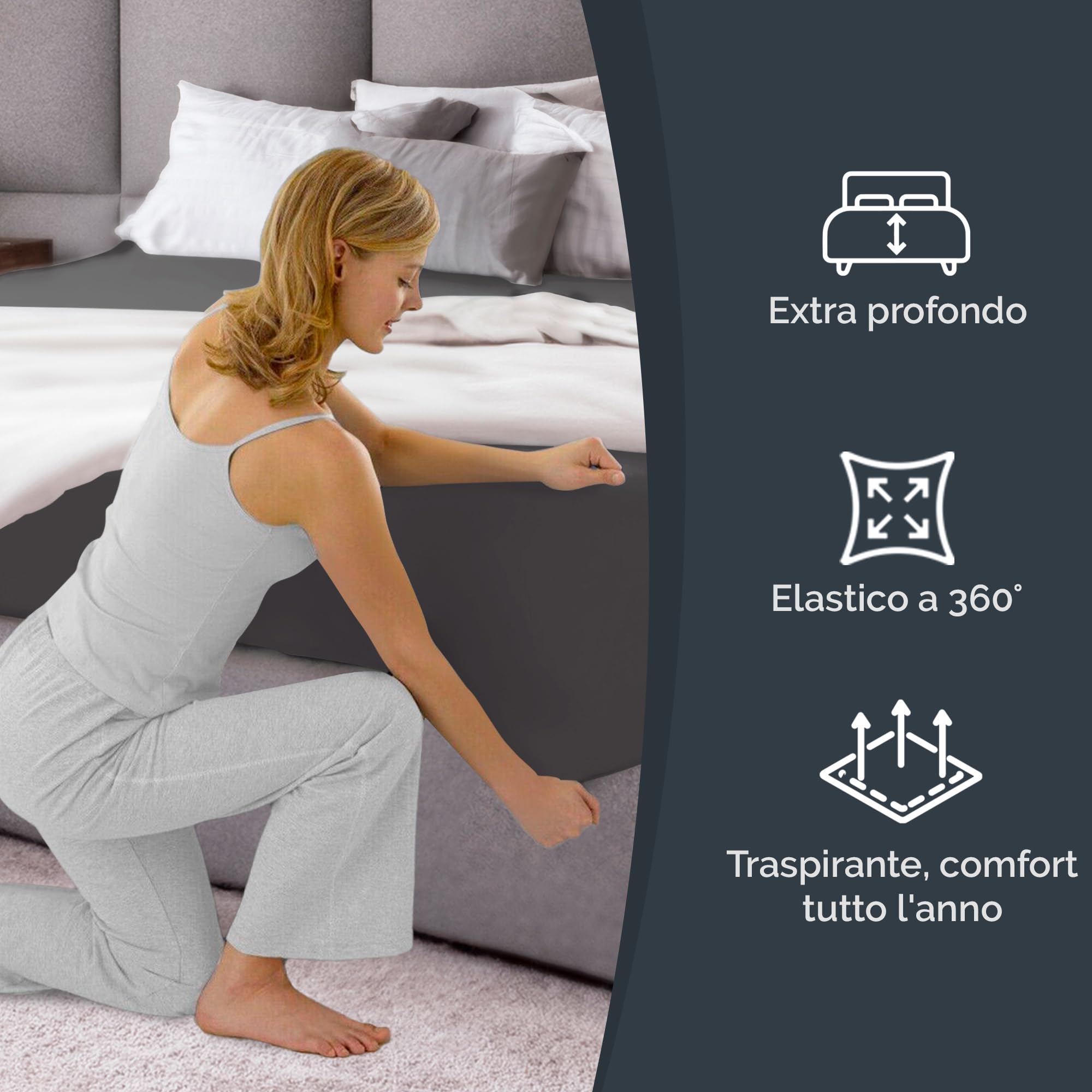 Lenzuolo con angoli 100x200 Grigio scuro 40 cm profondità - Lussuoso lenzuolo - Per letti a molle - Per materassi fino a 40 cm di altezza - Morbido, senza pieghe e traspirante - Confezione singola