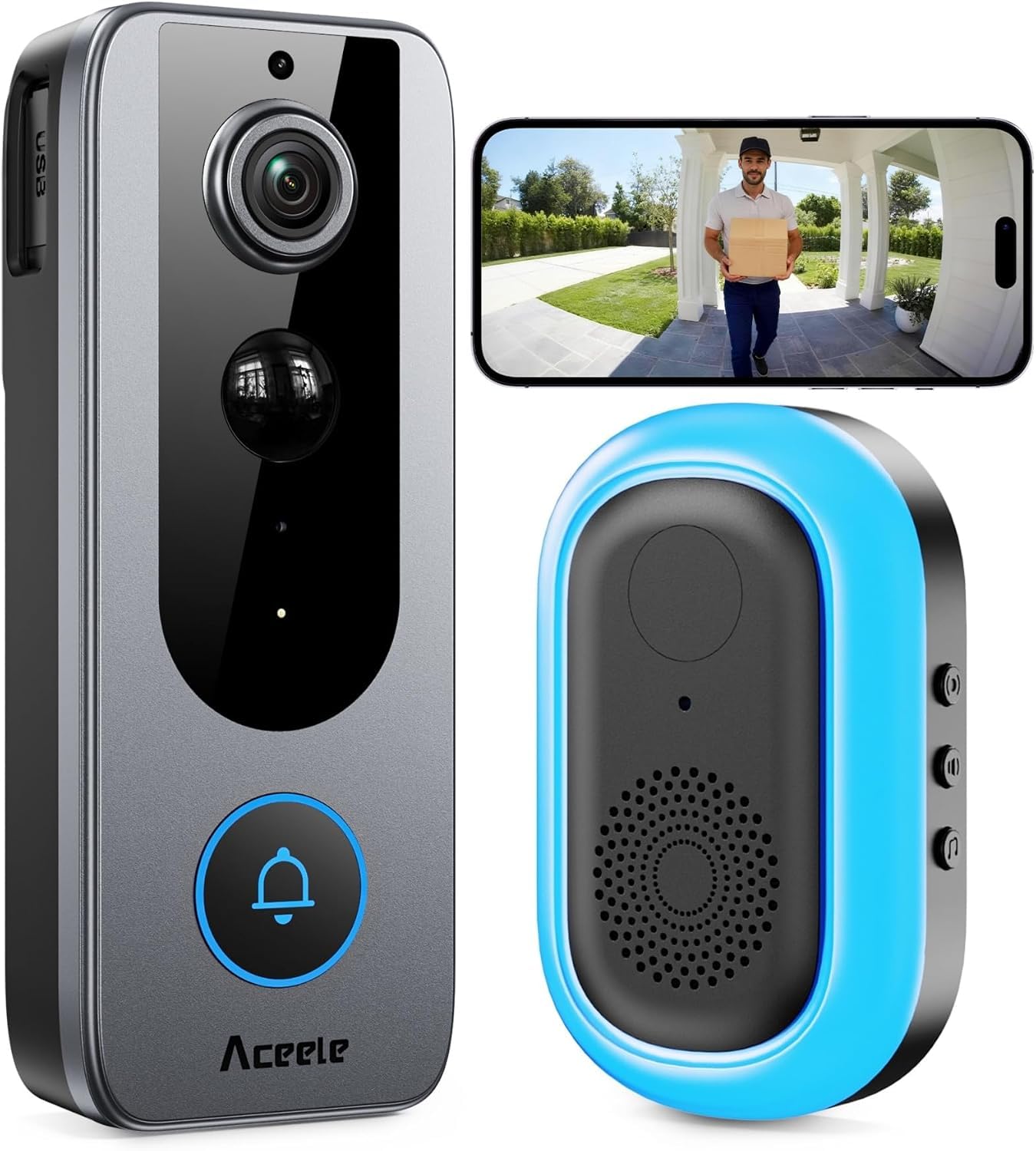 Aceele Sonnette Vidéo Intelligente sans Fil - WiFi 2.4GHZ, Vision Nocturne HDR, Détection Mouvement PIR, Étanche IP65, Autonomie 180 Jours, Interphone Bidirectionnel