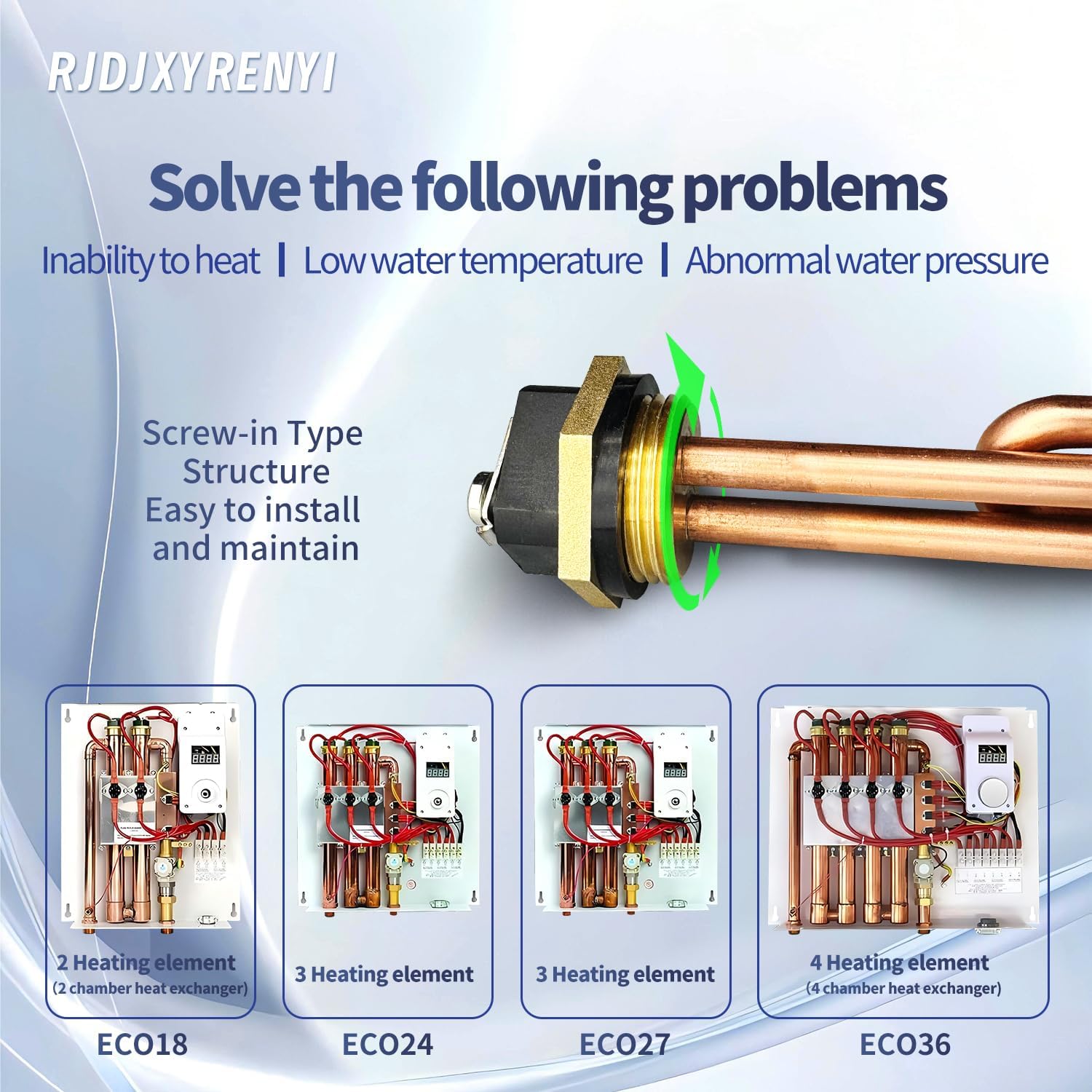 HE 90240 Heating Element, Replacement for EcoSmart ECO 18 27 36, 9KW 240V Water Heater Element for Electric Tankless Water Heaters, Screw-In,Copper (3)