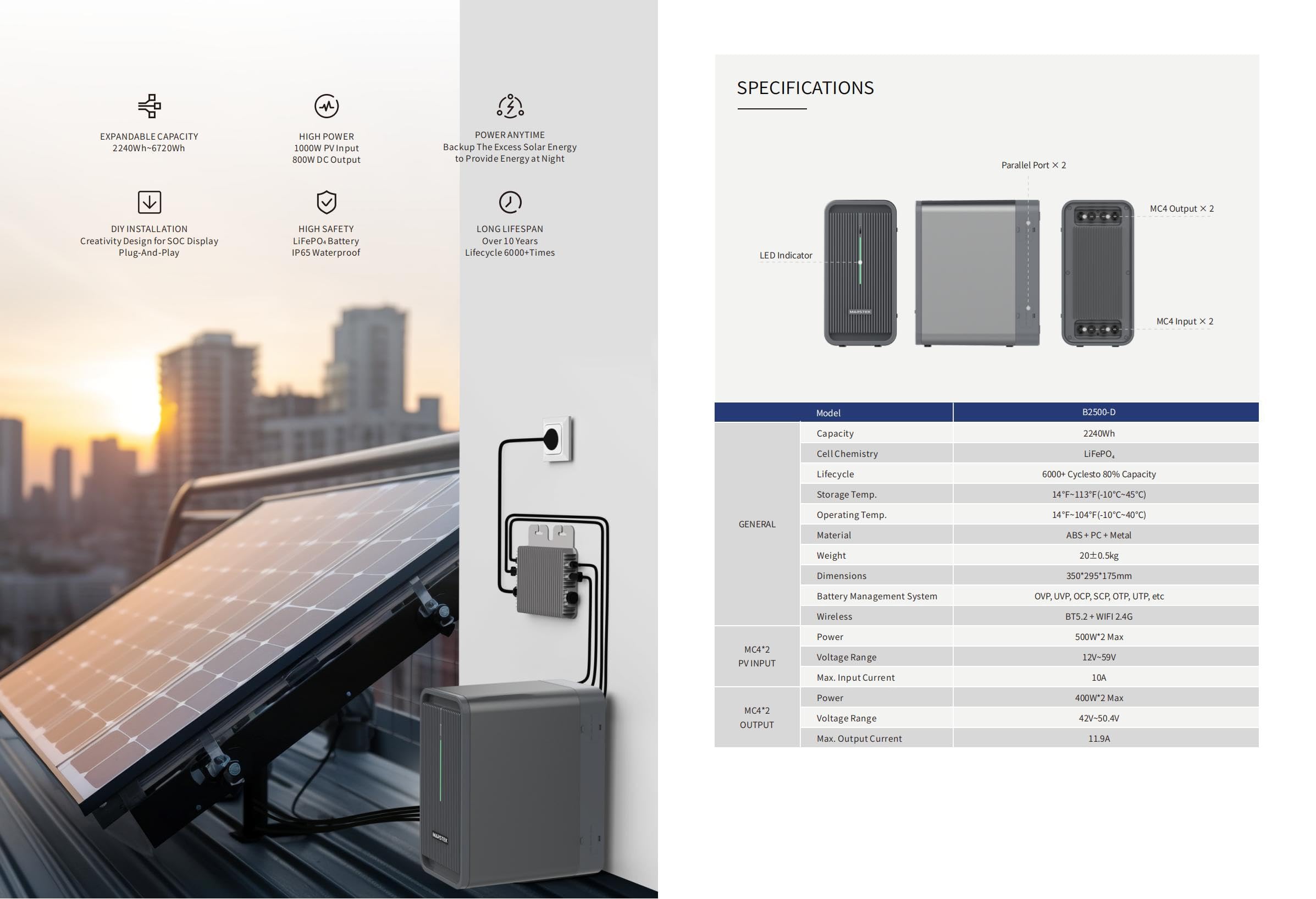 Marstek B2500 Stockage/batterie pour centrale électrique de balcon 2,24 kWh Tracker MPP intégré, 6000+ cycles de charge, contrôle intelligent par application, pour l'intérieur et l'extérieur (IP65