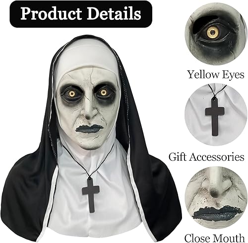 Miniatura 2 de KamdFoen Máscara de látex aterradora de monja de terror para fiesta de Halloween, disfraz de monja de terror, máscara de cosplay de cabeza completa,