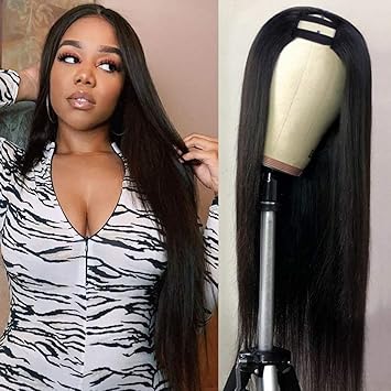 Nvnvdij U Part Wigs Straight Brazilian Virgin Human Hair 2x 4 U Shape Glueless Wigs 150% Density Natural Black With Straps Combs For Black Women(26inch, Straight Wig)