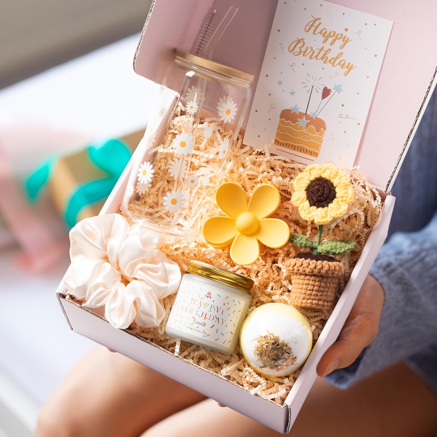 Birthday Gifts For Women, Teen Girl Gift Ideas for Her Best Friends Female, 7Pcs Happy Birthday Basket Decorations, Cute Daisy Sunflower Aesthetic Presents Box for Sister, Niece, Daughter - Image 5