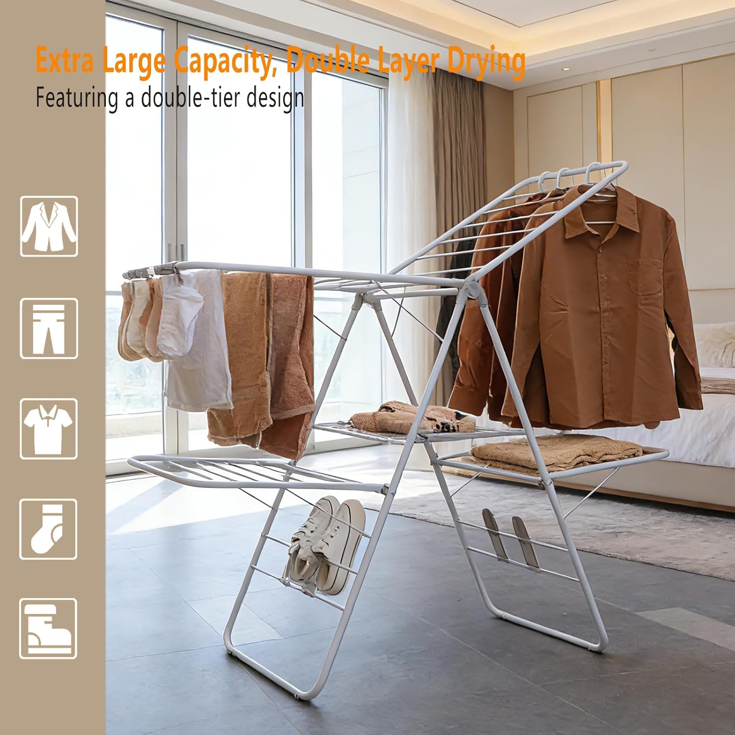 Clothes Drying Rack, Foldable 2-Level Laundry Racks for Drying Clothes Rack,Stainless Steel Drying Rack Clothing Collapsible for Indoor Outdoor,with Height-Adjustable Wings,Gray