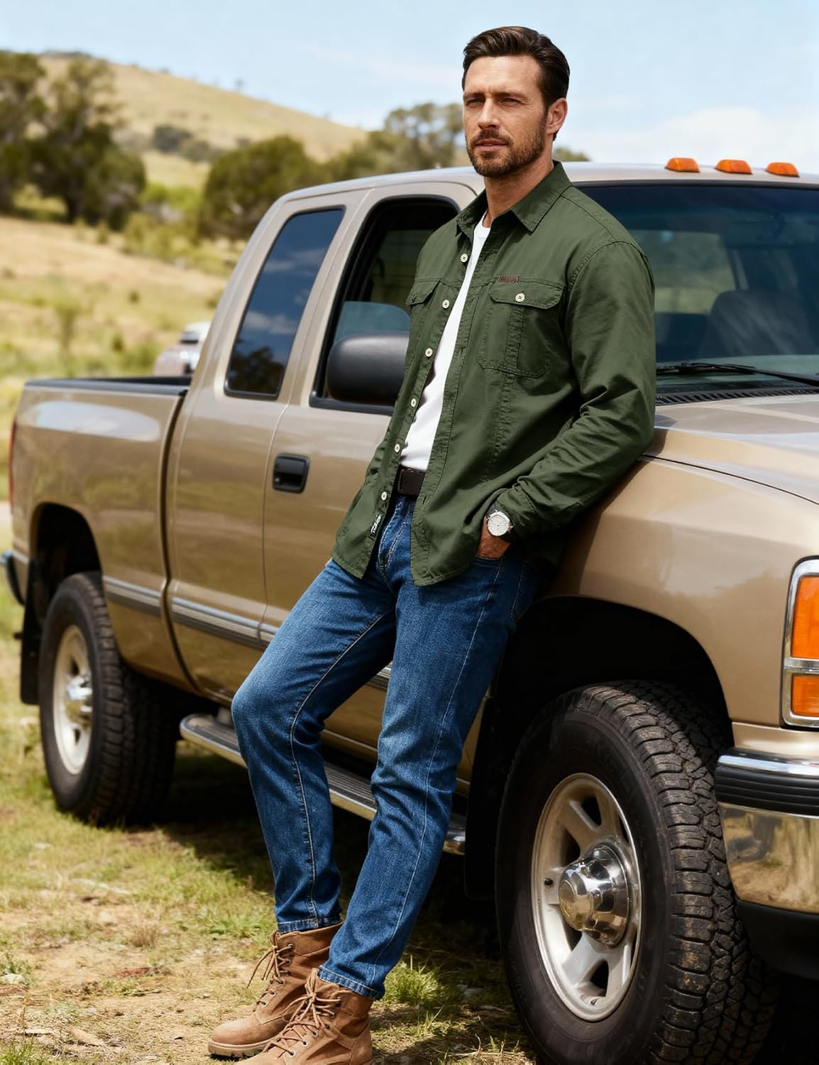 Eisctnd Men's Long Sleeve Work Shirt, Utility Cotton Button Down Cargo Shirts with Pockets for Casual Outdoor Safari - Image 2